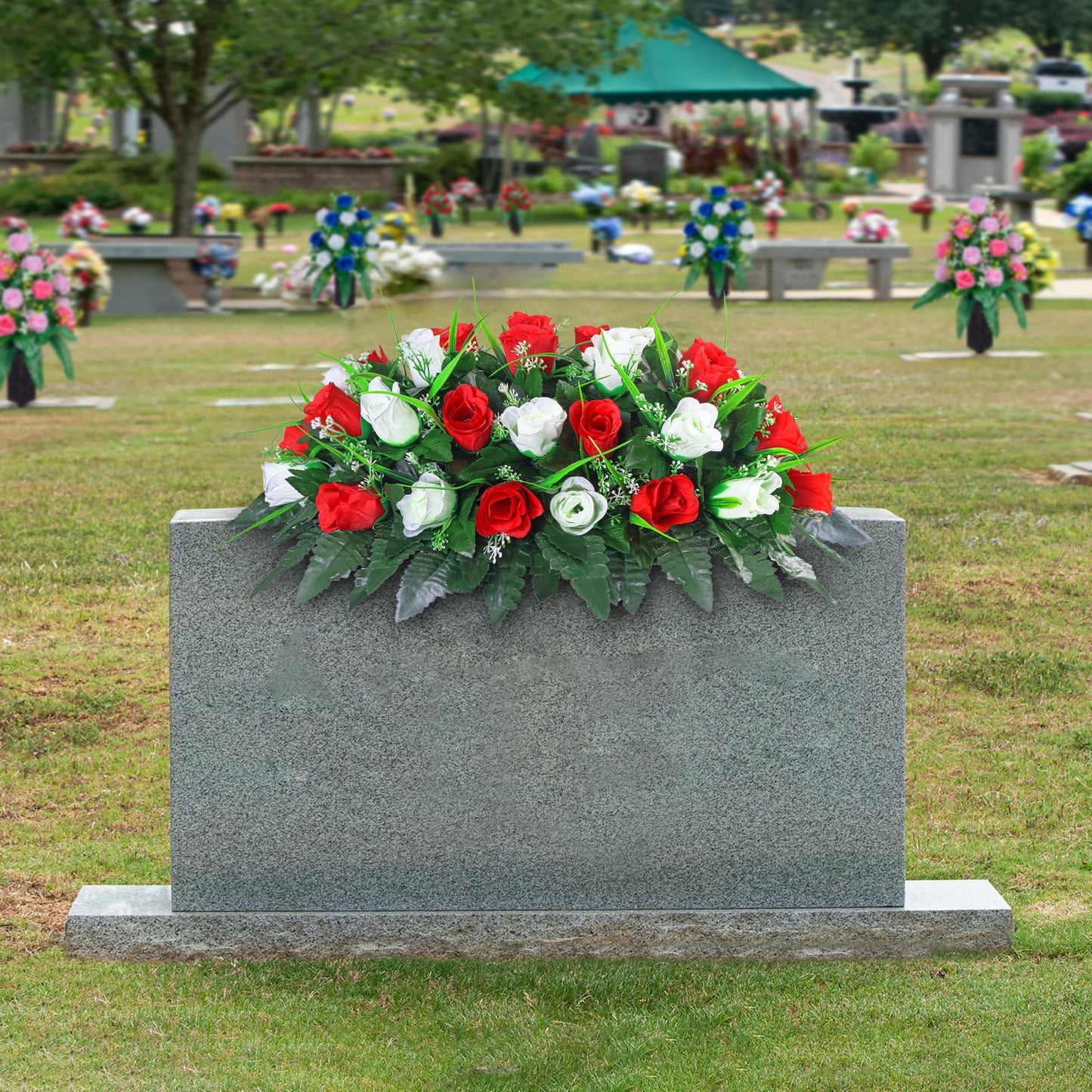 LVXINLI Artificial Cemetery Flower-Outdoor Grave Saddle Headstone Decorations,Red and White Rose Memorial Day Flowers for gravesite (Red and White)…