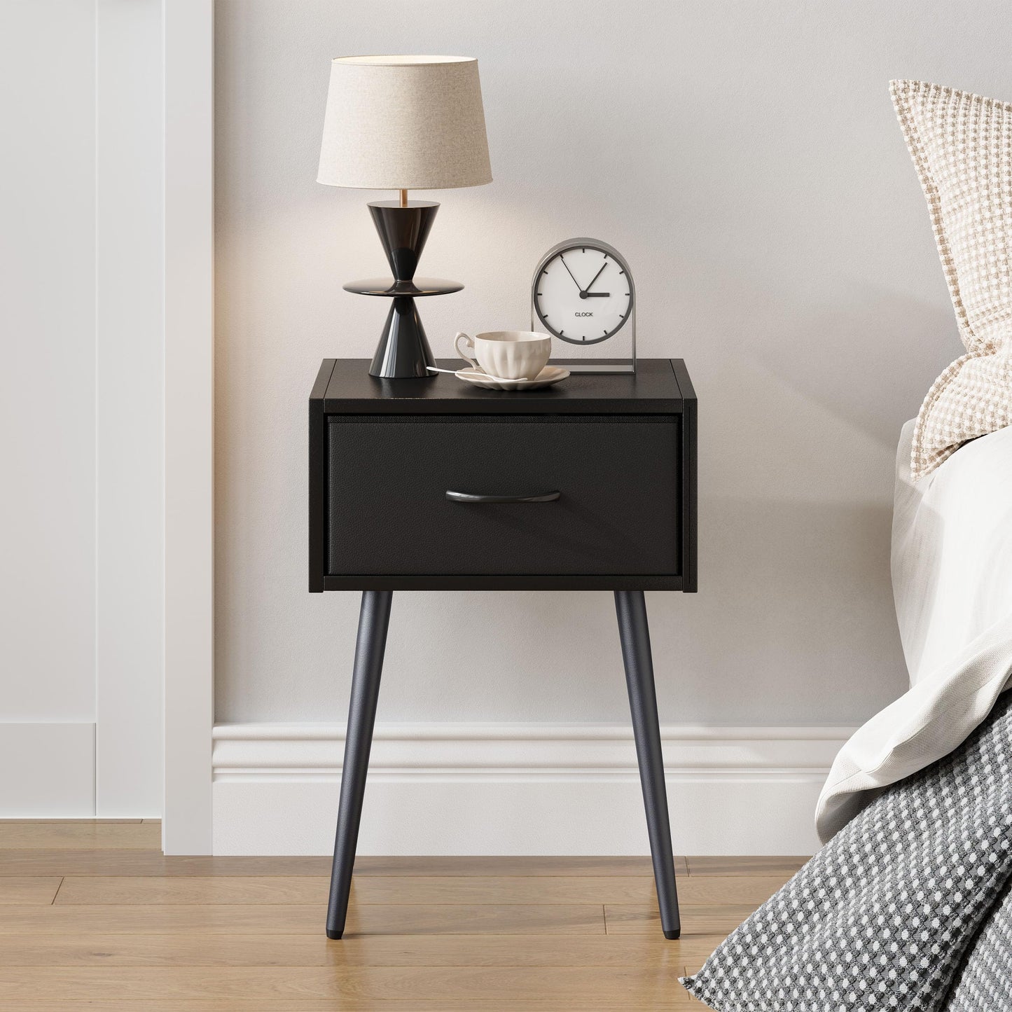 Small Black Nightstands Set of 2, Bedside Table with Fabric Drawer, Modern End Table with Metal Leg, Couch Side Table for Bedroom Living Room, Sofa, Office LNT504B