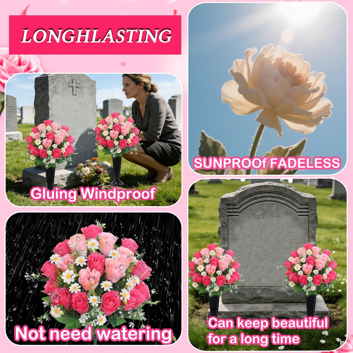 Wocst Artificial Cemetery Flowers for Grave Memorial Day Flowers for Cemetery,2Pack Artificial Silk Roses Daisy Bouquets with Cemetery Vases for Outdoor Grave Decorations ﻿ (Pink)