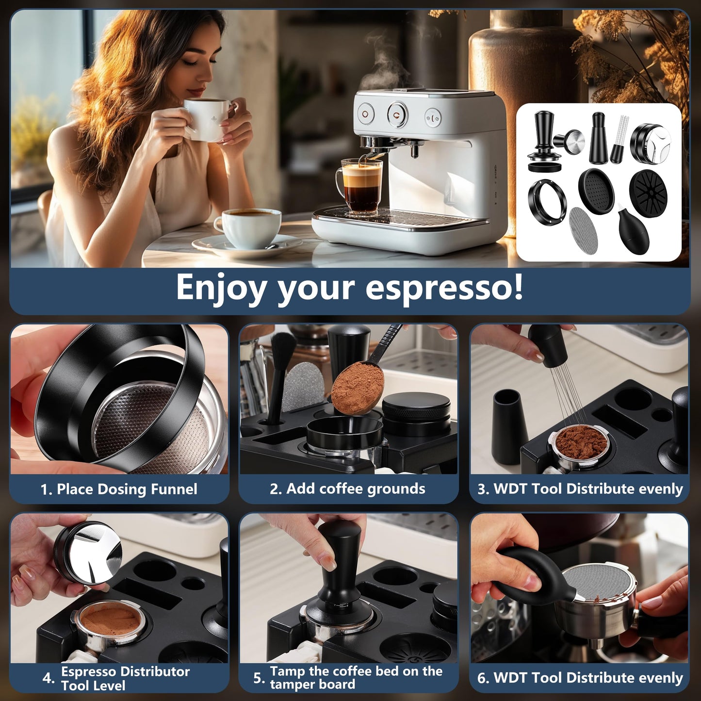 YOZYU 8 Pack Espresso Accessories Kit,54mm Espresso Tool Kit | Coffee Distributor Tamper | WDT Tool | Dosing Funnel | Expresso Puck Screen | Christmas Gift for Espresso Lovers