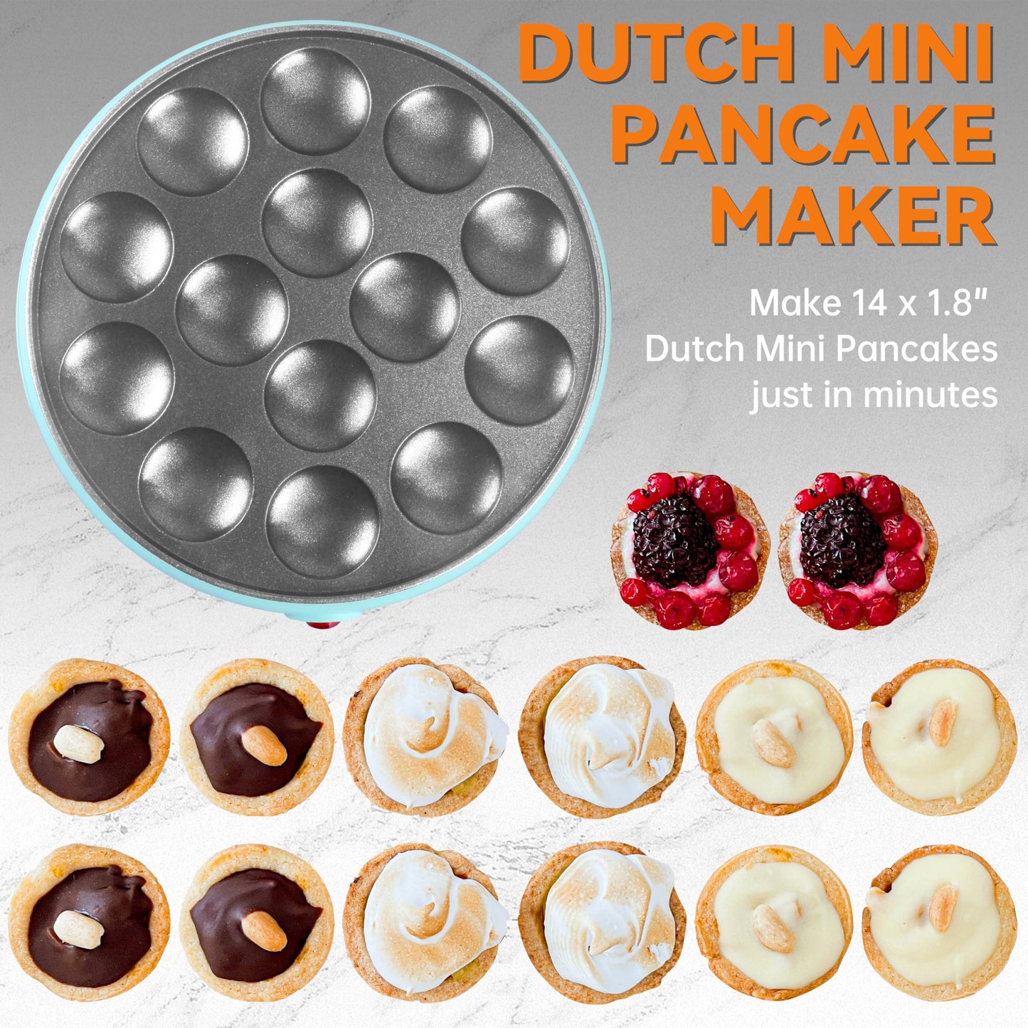 Baker's Friend Mini Pancakes Maker Machine, Dutch Mini Pancake Griddle, 14 Holes Electric Poffertjes Pan, Ideal for Breakfast, Snacks, Desserts & More