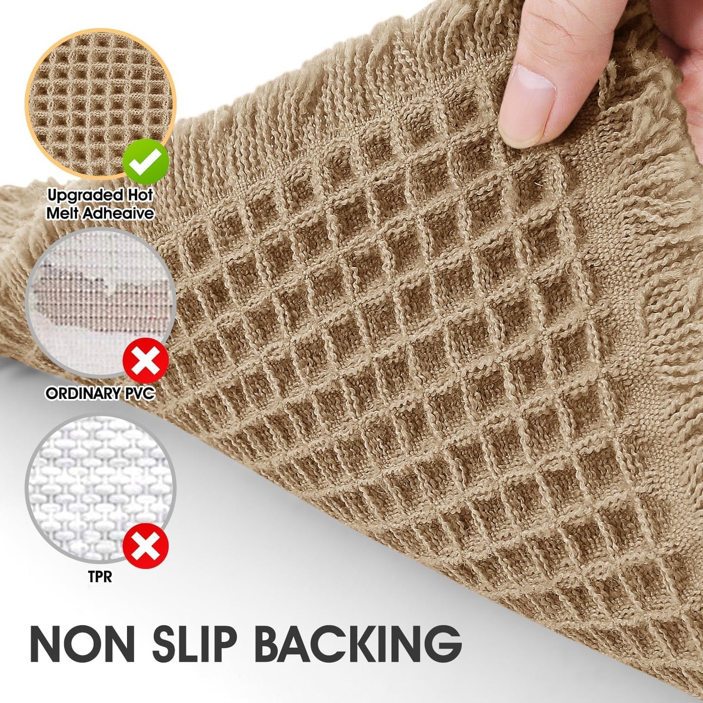 Upgrade Waffle Bath Mat Set 3 Piece, Boho Bathroom Rugs Absorbent Non Slip, Ultra Soft Bathroom Mat, Machine Washable Knit Bath Rugs with Tassels for Bathroom, Bedroom, Kitchen, Shower, Tub, Beige