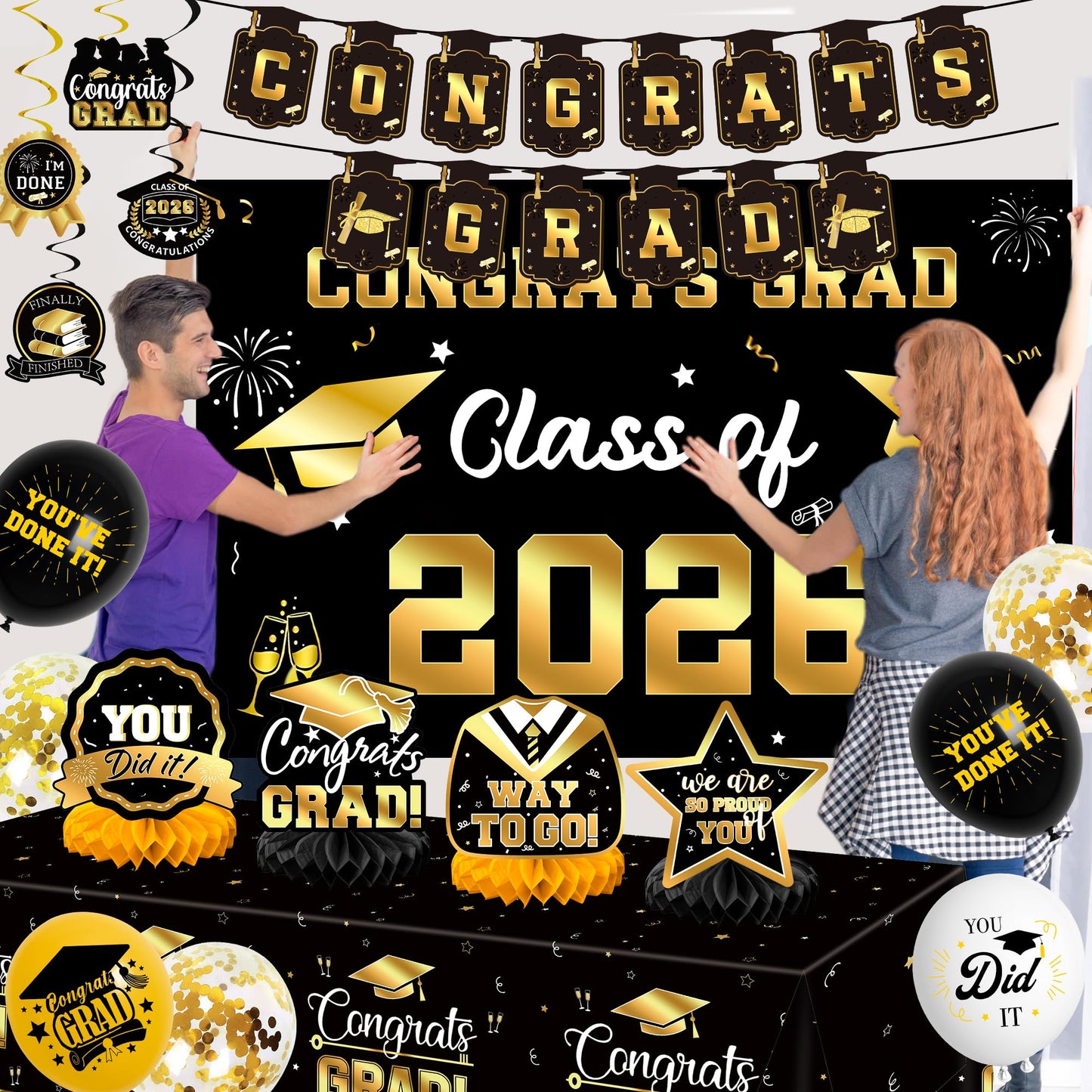 DMIGHT Graduation Decorations 2026, Class of 2026 Backdrop, Banner, 2026 Foil Balloons, Tablecloth, Hanging Swirls, Honeycomb Centerpieces, Party Supplies Decorations Set for College (Black ang GOLD)