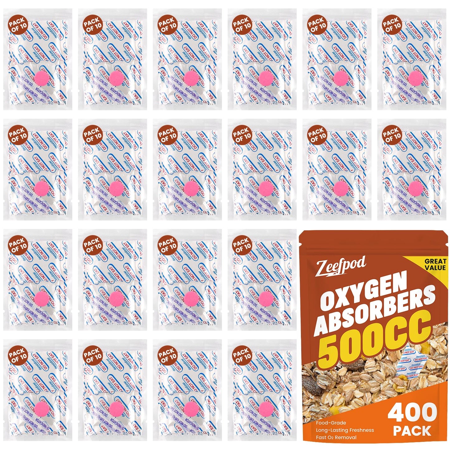 400 Counts 500cc Food Grade Oxygen Absorbers, 10 Individually Vacuum Sealed Packs with Oxygen Indicator, Oxygen Absorber Packets for Long Term Storage in Mylar Bag,Canning Jars, Freeze Dryer Storage