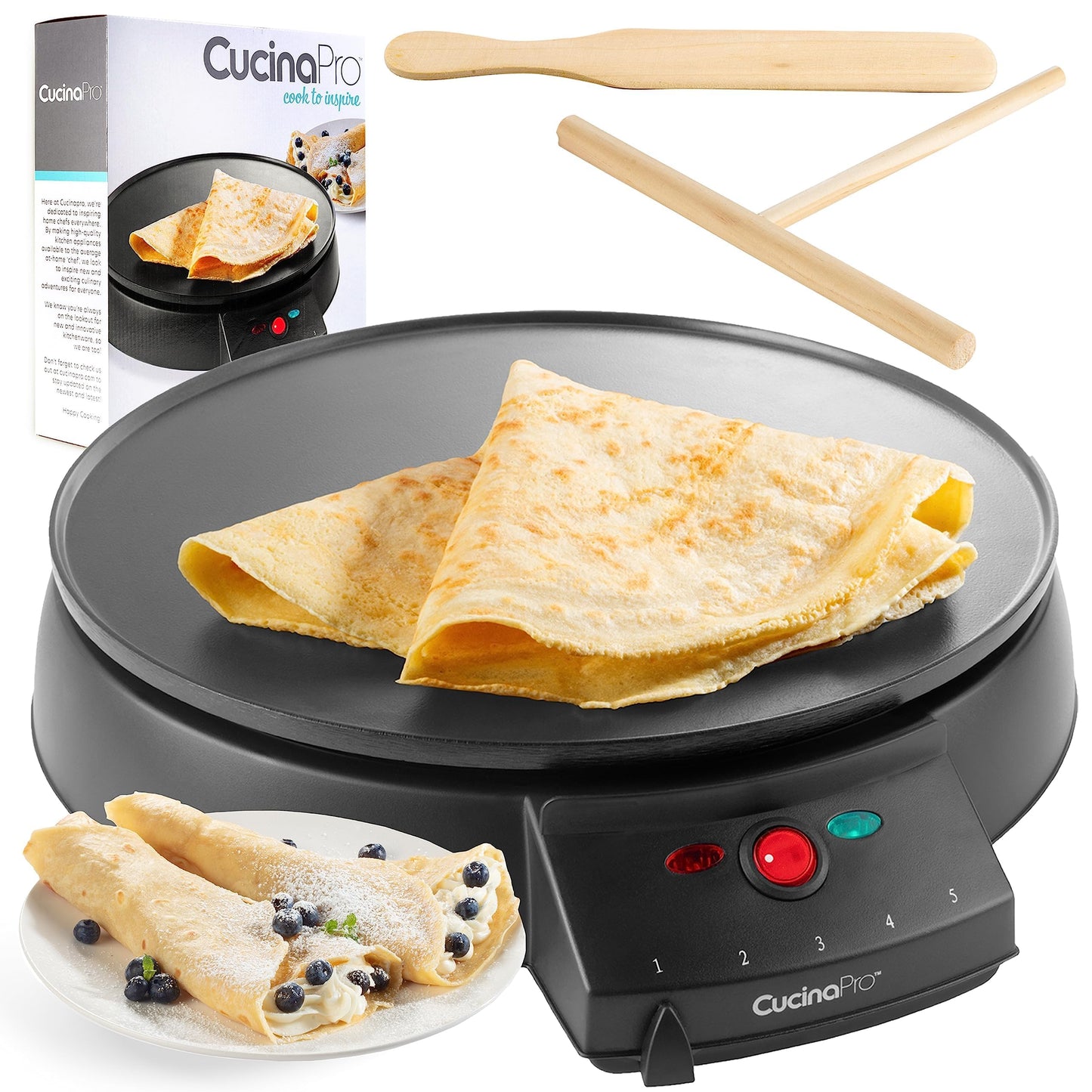 12" Griddle & Crepe Maker, Non-Stick Electric Crepe Pan with Batter Spreader & Recipe Guide- Dual Use Hot Plate for Breakfast Brunch, Blintzes, Eggs, Pancakes- Portable, Adjustable Temp Settings, Gift