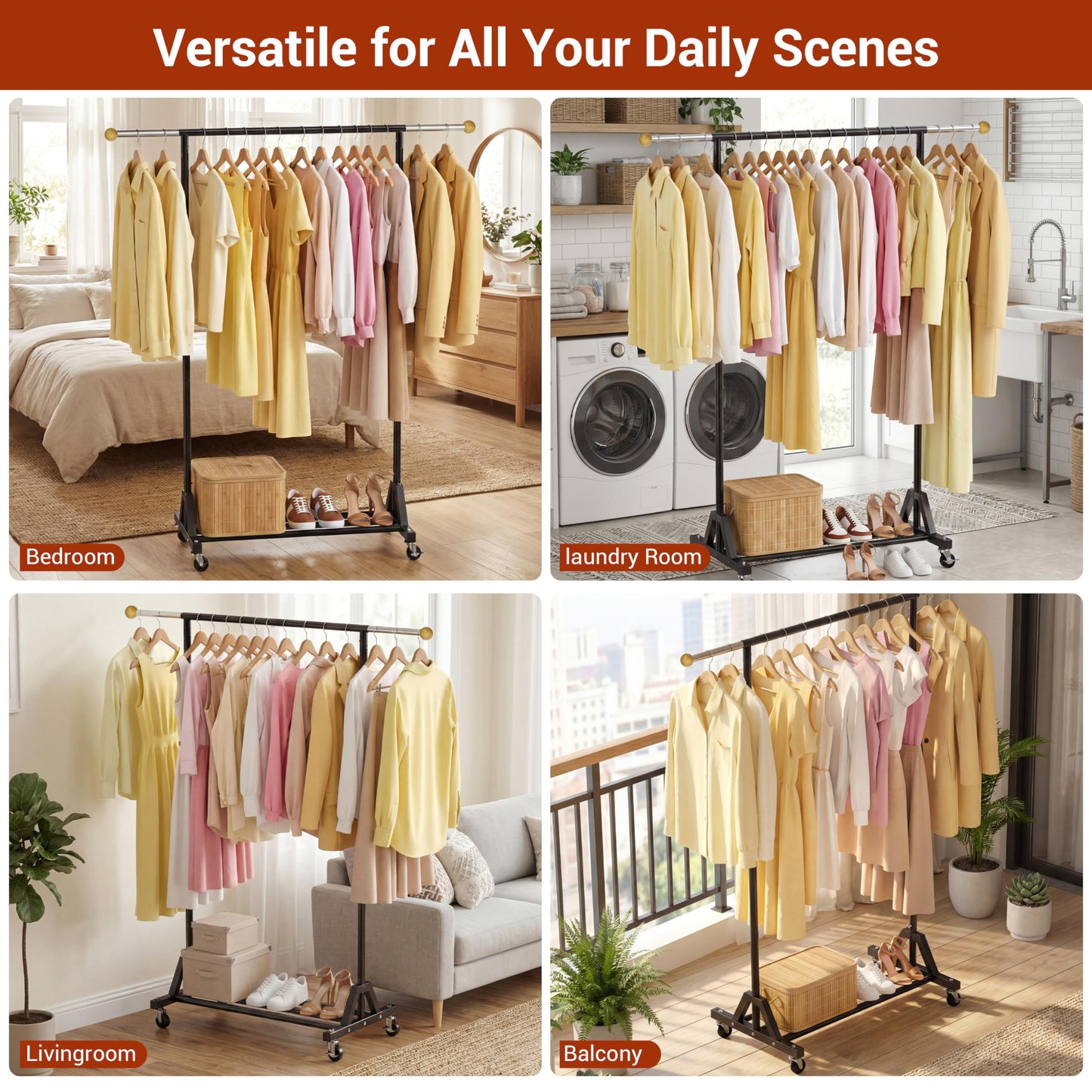 HRUSGO Rolling Garment Rack - Retractable Clothes Rack with Hanging Rods, Lockable Wheels and Bottom Storage Shelf - Sturdy Coat Rack, Freestanding Clothing Organizer for Bedroom, Laundry & Closet