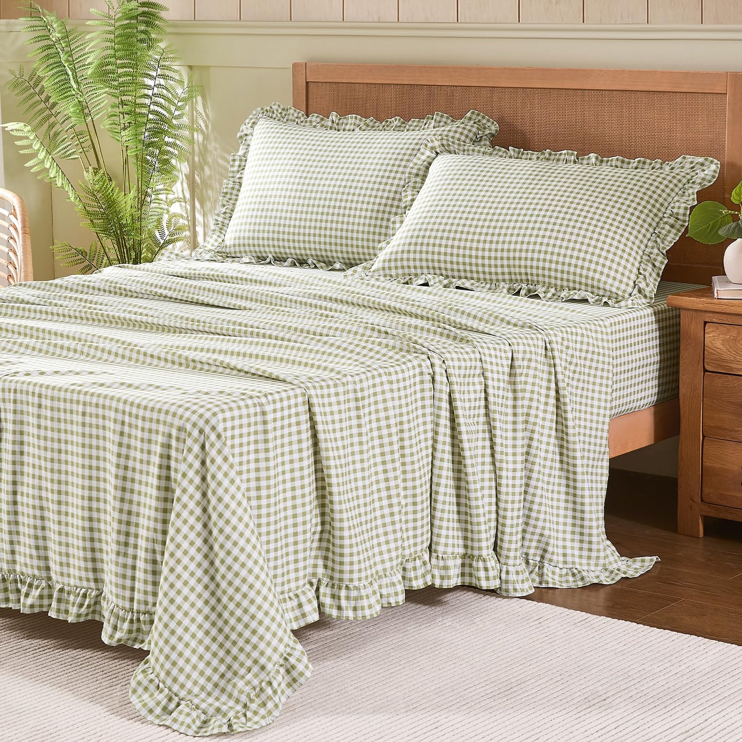 kisswish Gingham King Sheet Set, Lightweight Super Soft Brushed Microfiber Plaid Bed Sheets with 16" Deep Pocket, 4 Piece Ruffle Farmhouse Bedroom Decor, Sage Green