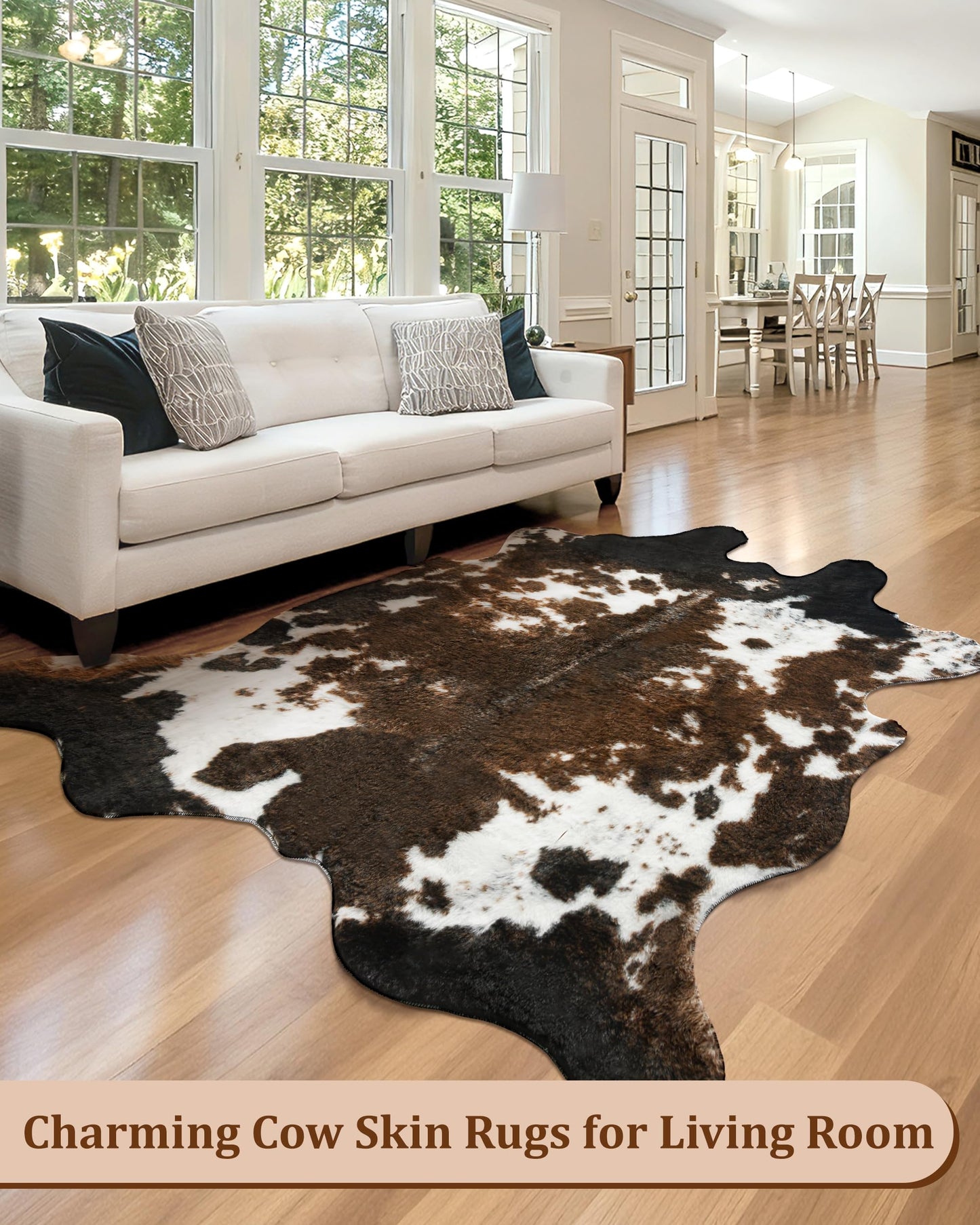 WMT NVMTER Faux Cowhide Rug, Fluffy Fur 4.6x5.2 Feet Washable Cow Print Rug for Living Room Bedroom Animal Print Hide Skin Rustic Western Décor Black and Brown