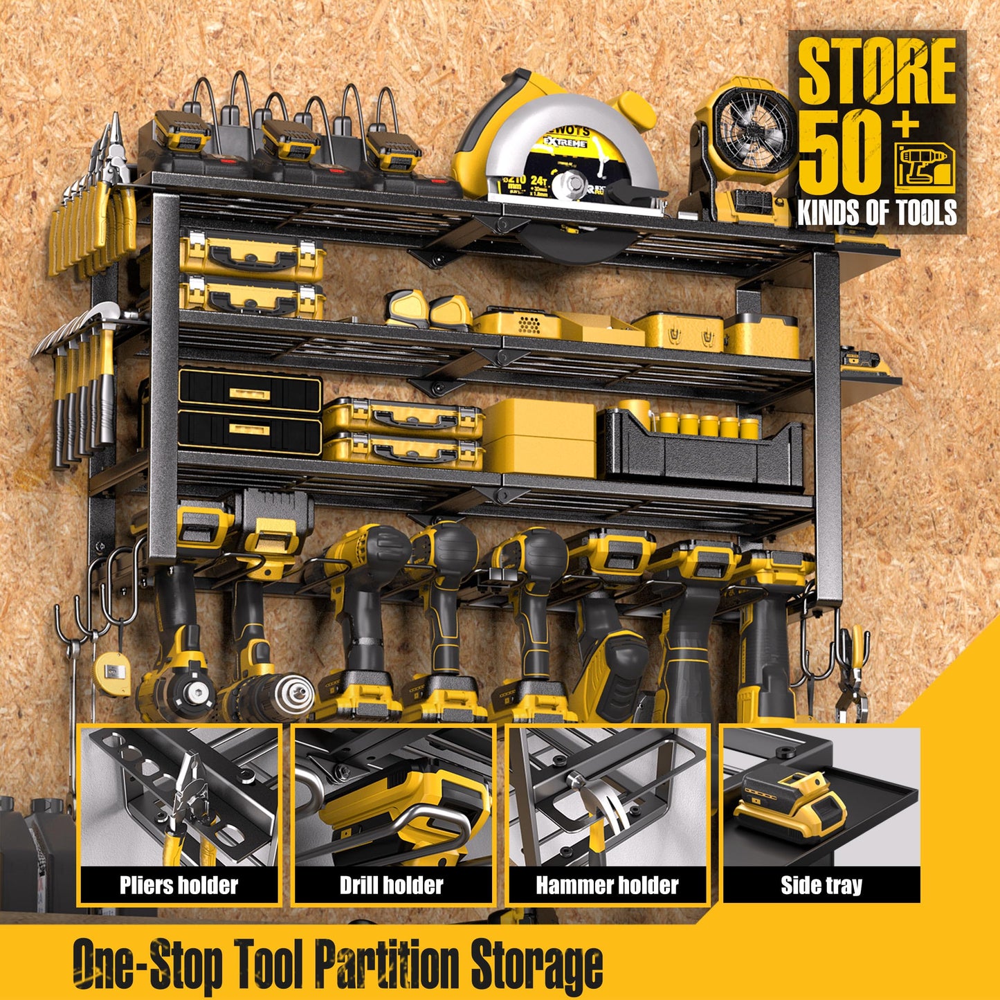 Spampur 420LB Capacity Power Tool Organizer with Charging Station & 6 Outlets | Quick Assembly 4-Layer Heavy Duty Rack for Drills & Batteries | Ultimate Garage Storage & Christmas Gift for Men