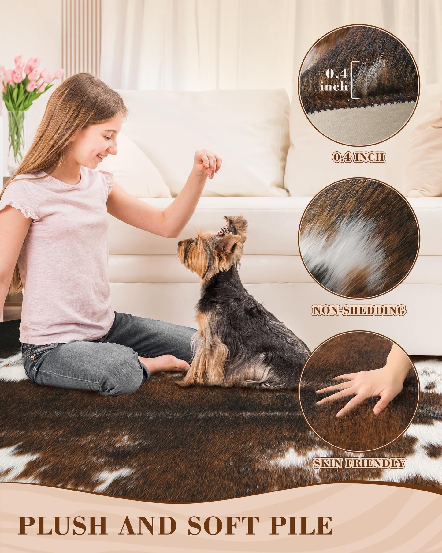 WMT NVMTER Faux Cowhide Rug, Fluffy Fur 4.6x5.2 Feet Washable Cow Print Rug for Living Room Bedroom Animal Print Hide Skin Rustic Western Décor Black and Brown