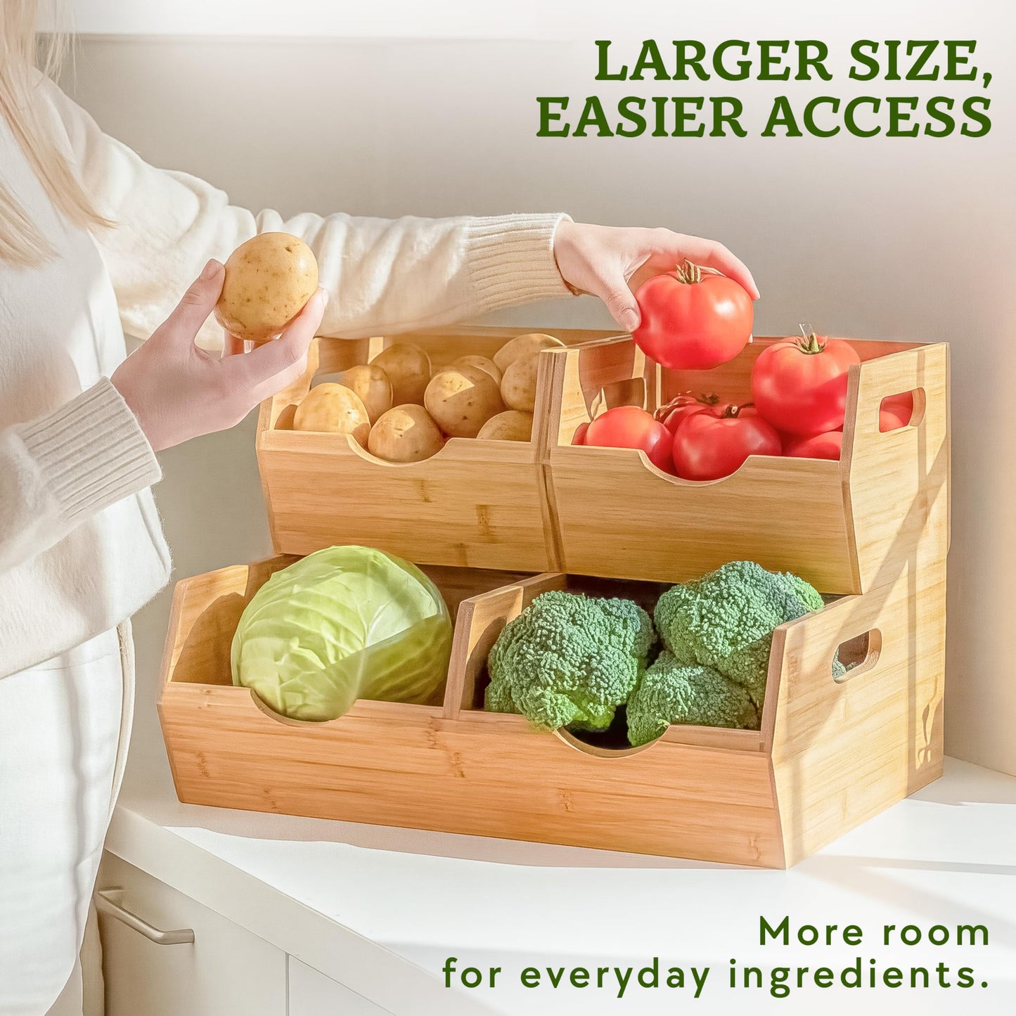 HOMESTEAD Extra Large Bamboo Pantry Storage Bins – 30% Larger, Stackable Potato Onion Storage Bin, Large Pantry Organizers and Storage, Produce Vegetable Organizer, Set of 3