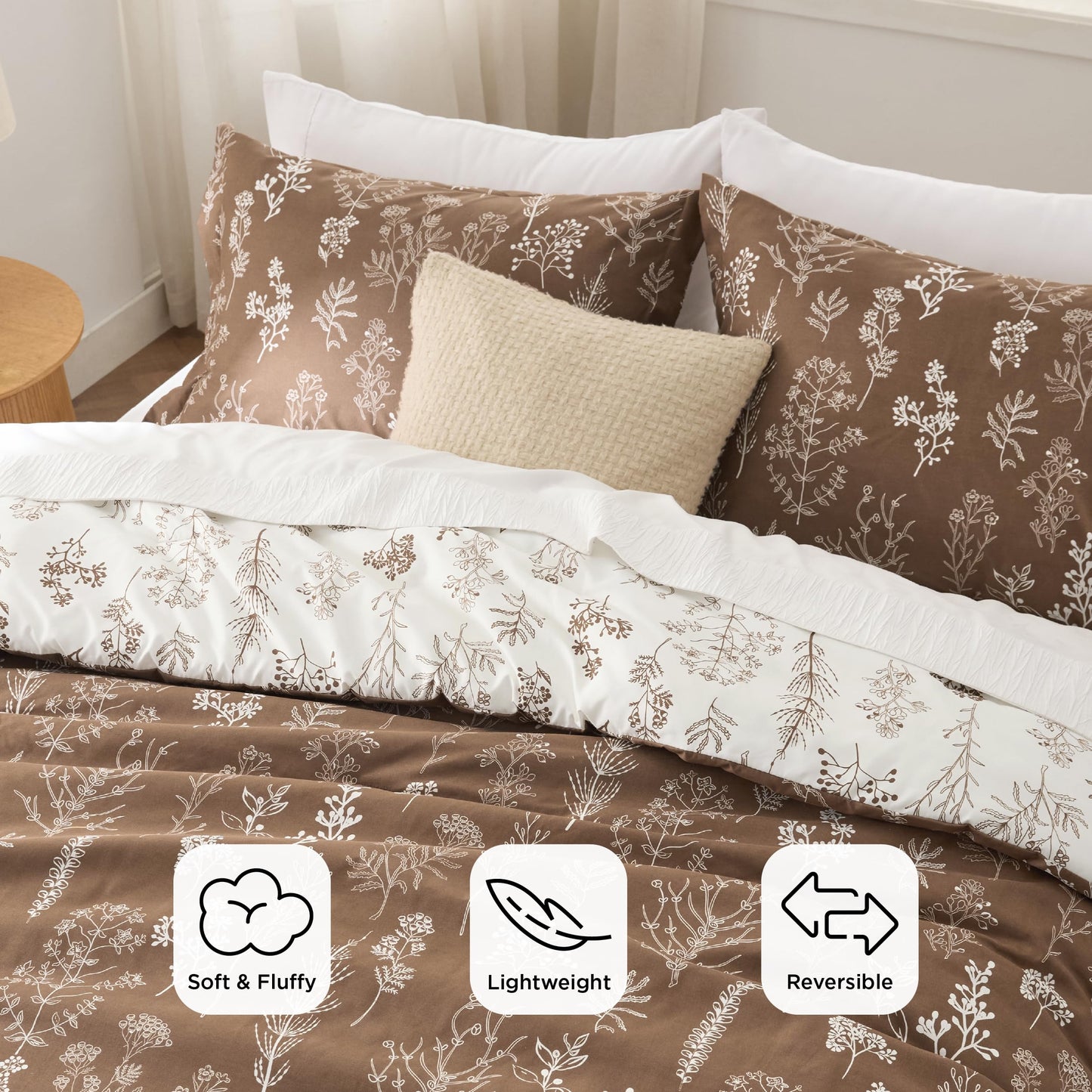Bedsure Queen Comforter Set - Dark Brown Bed Set, 3 Pieces Cute Floral Bedding, 1 Soft Reversible Botanical Flowers Comforter and 2 Pillow Shams