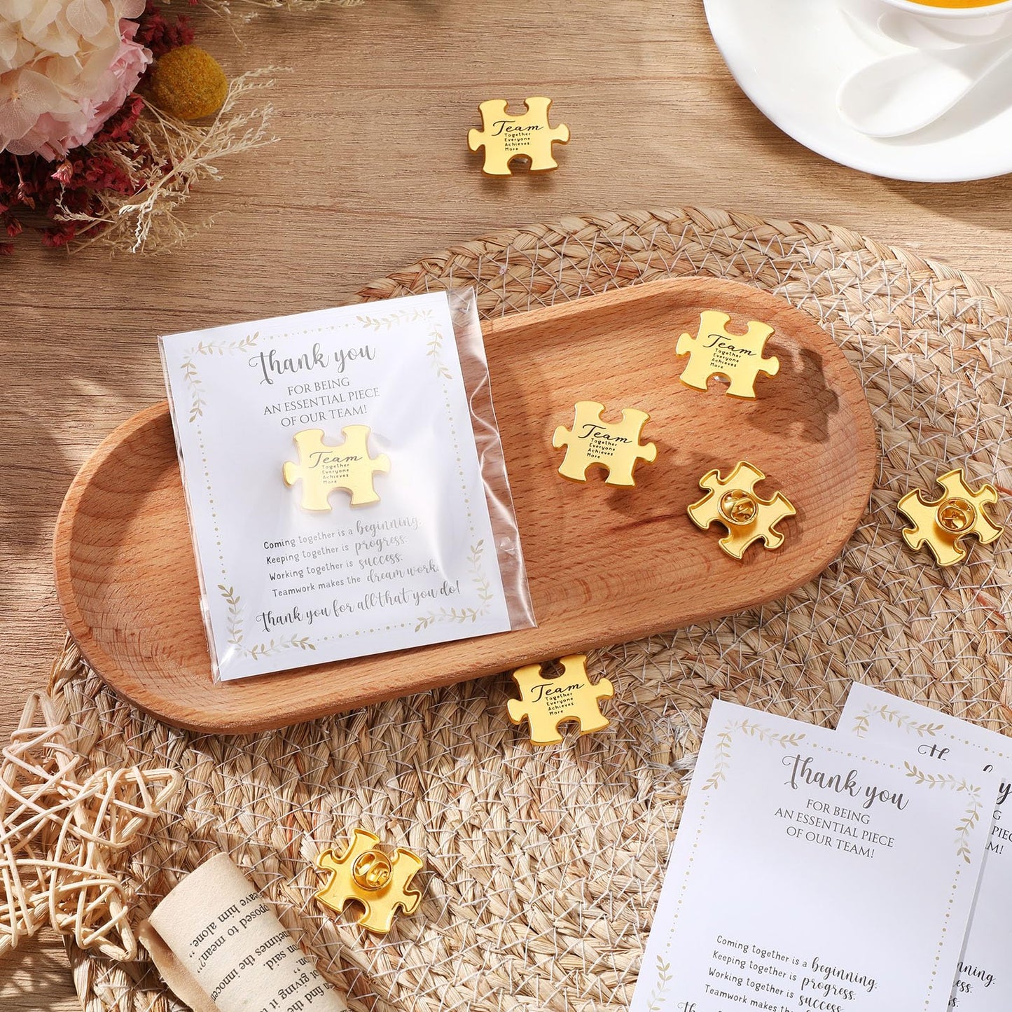 Solsew 60 Sets Teacher Appreciation Gift for Employees Puzzle Piece Lapel Pins Bulk with Thank You Cards for Team Nurse Volunteer Staff Coworker Office Soccer Baseball Team Building Ems Cna Week Gift