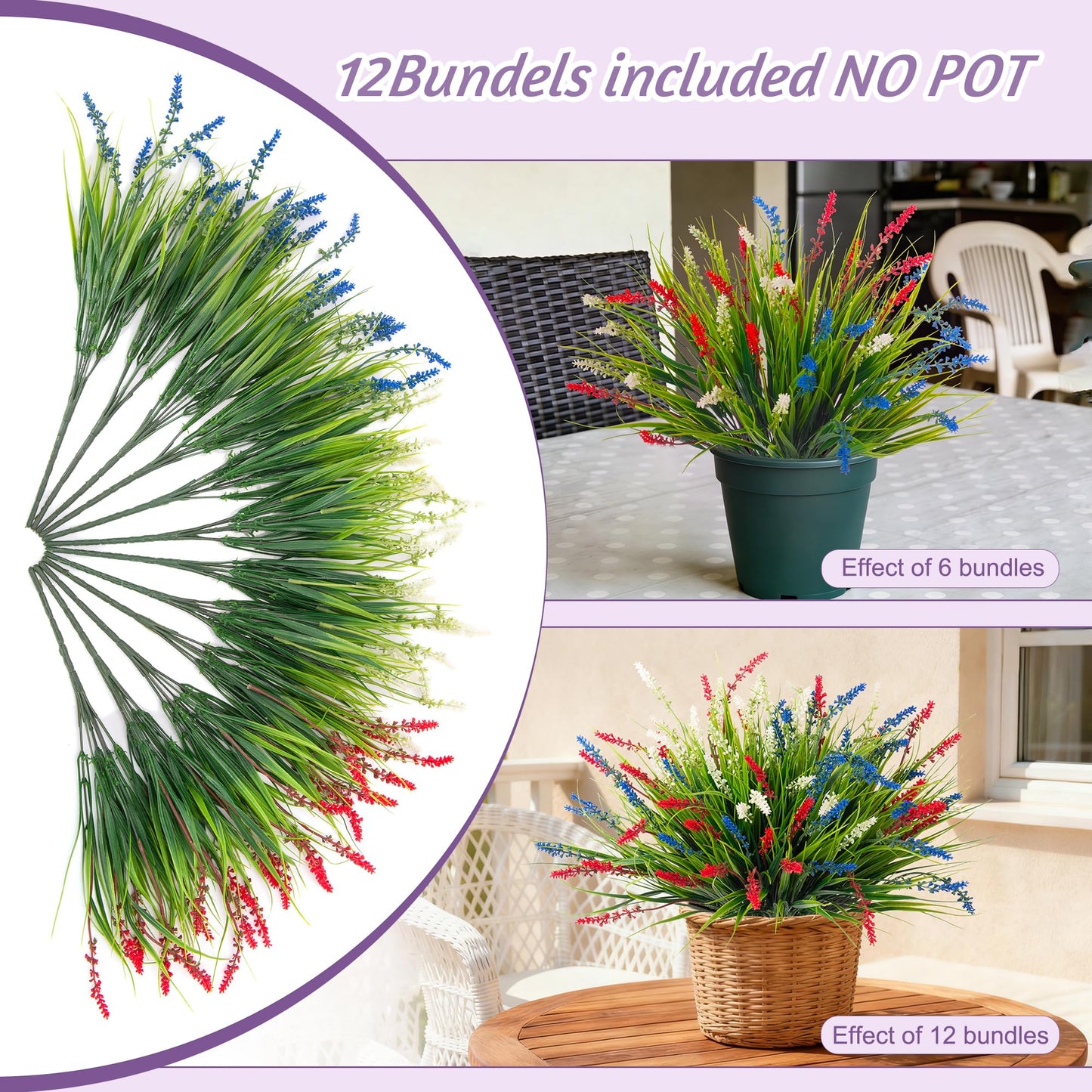 Ammyoo Artificial Faux Plants for Outdoor Spring Decoration, 12 Pcs Fake Monkey Grass for Garden Porch Balcony Planters, Fake Flowers Shrubs UV Resistant No Fade Plants Greenery Bush (Red Blue White)