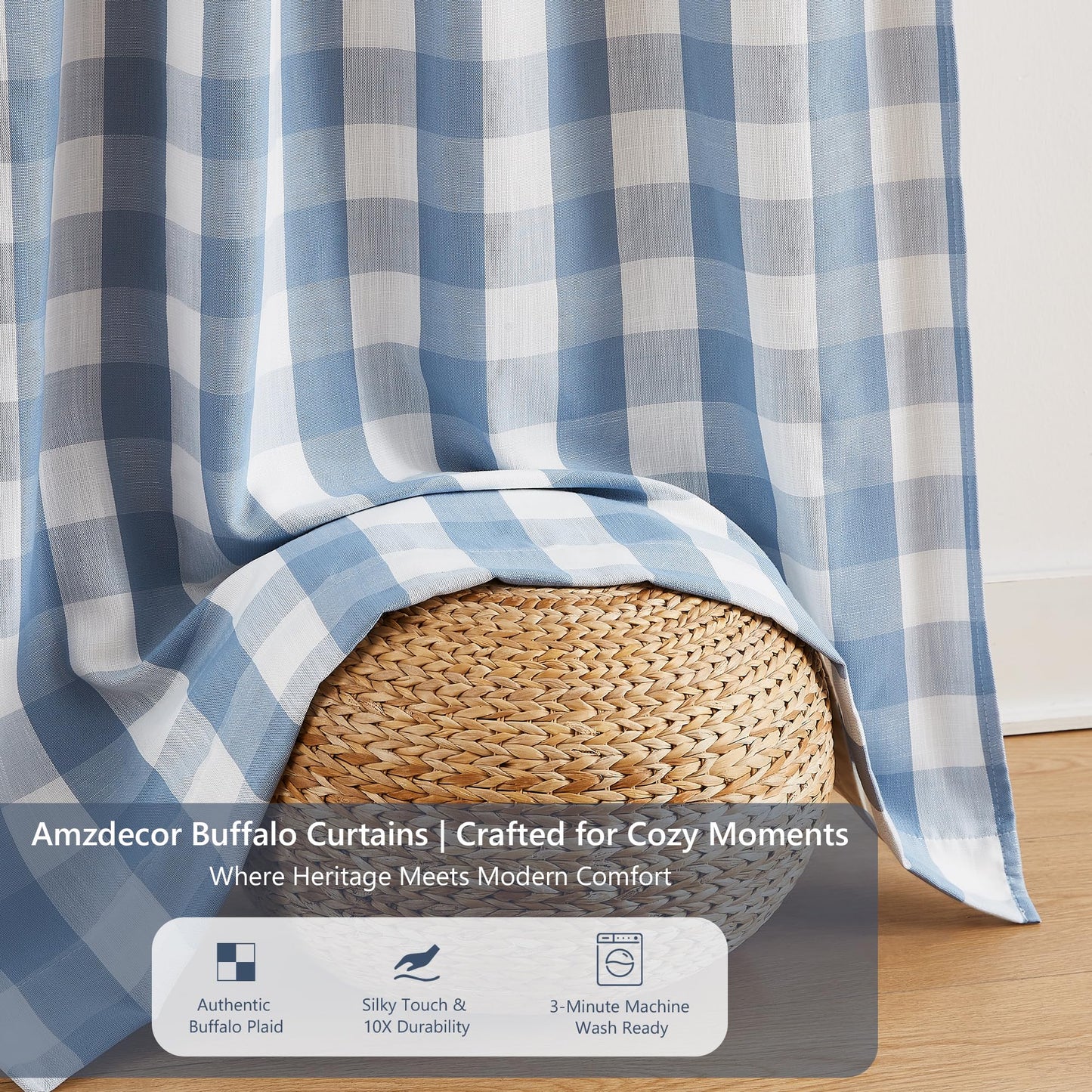Amzdecor Blue White Buffalo Plaid Full Blackout Curtains 84 Inch Long for Bedroom Living Room Farmhouse Check Patterned Drapes Thermal Insulated Soundproof Grommet Window Treatment, 2 Panels, 40"x84"