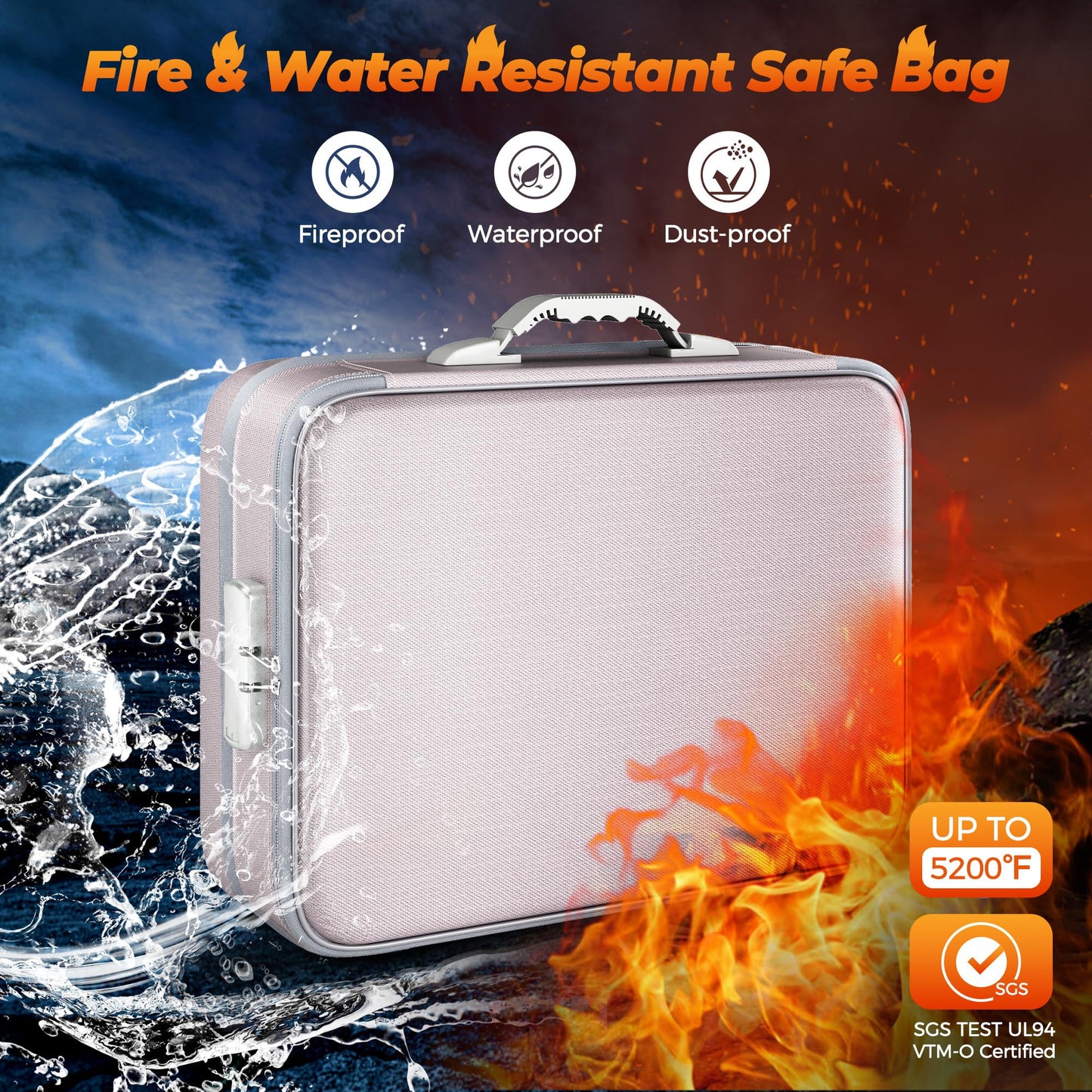 Nacial 5200℉ Fireproof Document Box with Lock, Expandable Document Organizer, Heat Insulated Fireproof Waterproof Box for File Storage, ﻿Portable Sturdy Handle for Important Documents Home Travel