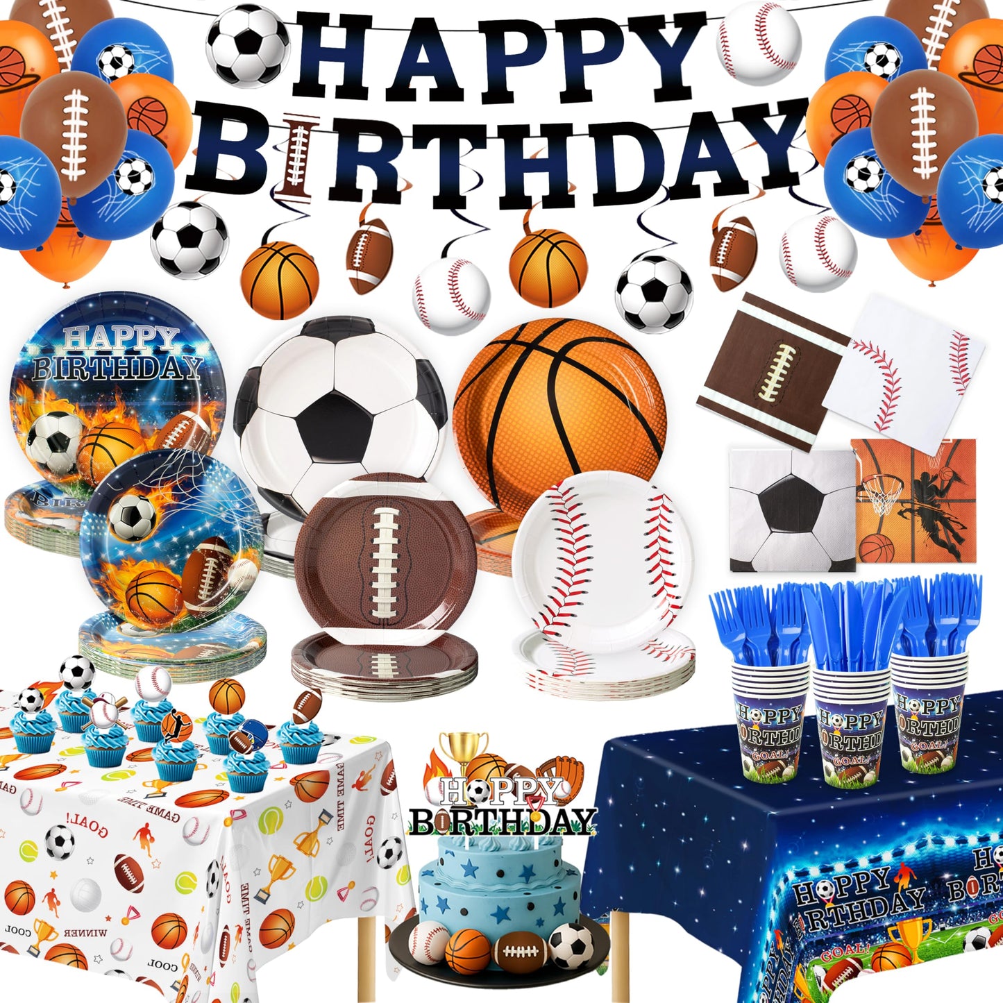 244 Pcs Sports Birthday Party Decorations - Serve 30, All in One Football Basketball Baseball Soccer Party Supplies Kit with Banner, Plates, Napkins, Balloons, Tableware for Boys Sports Themed Party