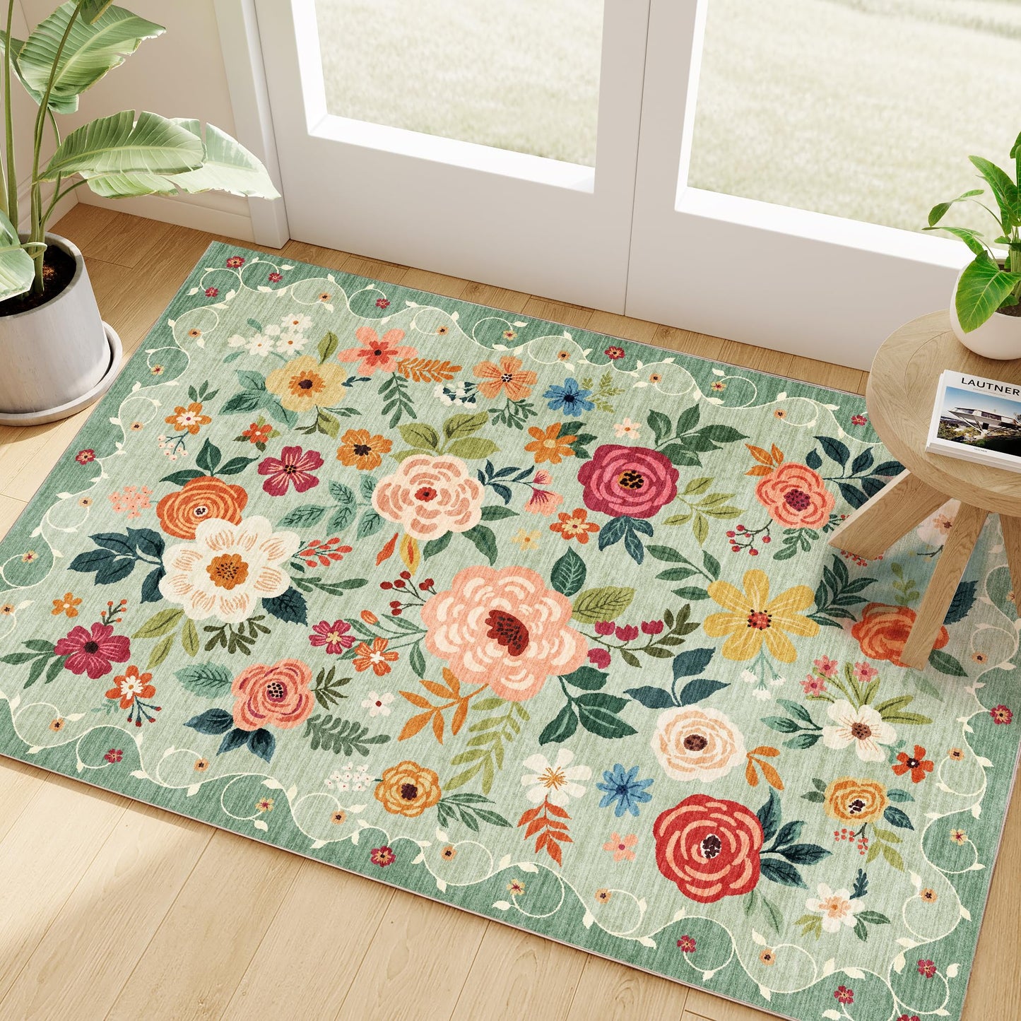 DUKINO 2x3 Rugs for Entryway, Floral Indoor Washable Front Door Mat, Non Slip Boho Small Carpet, Soft Low Pile Throw Rug for Entrance, Bedroom, Kitchen, Laundry, Bathroom, Green