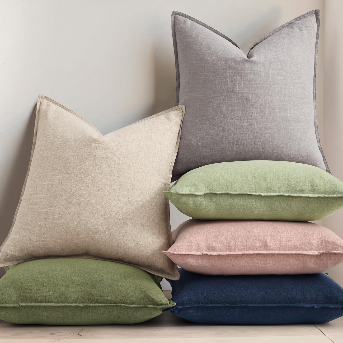 decorUhome Summer Decorative Linen Throw Pillow Covers 18x18 Inch Set of 2 Navy Blue Pillow Covers with Flange Edges Soft Farmhouse Boho Accent Pillow Cases for Couch Bed Living Room