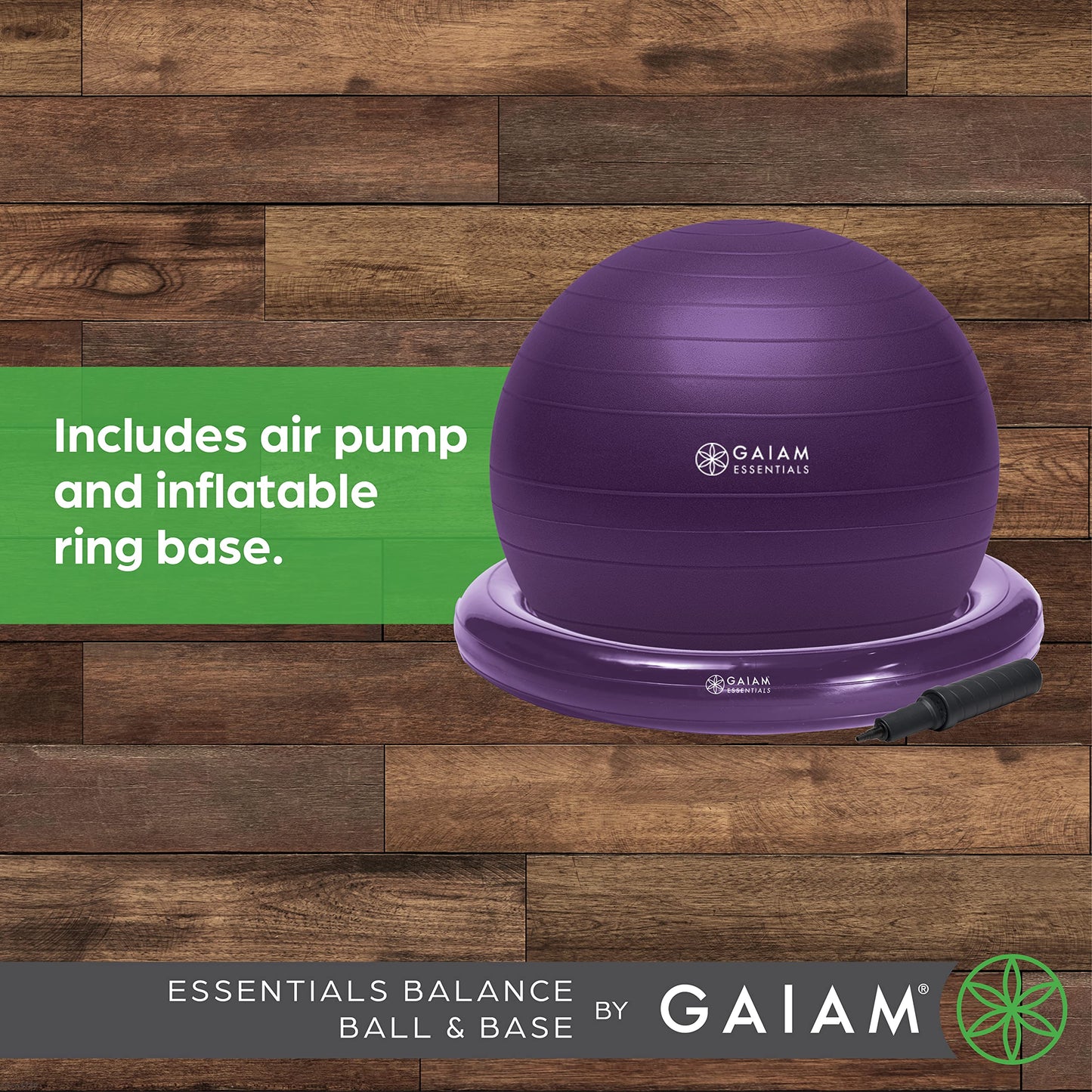 Gaiam Essentials Balance Ball & Base Kit, 65cm Yoga Ball Chair, Exercise Ball with Inflatable Ring Base for Home or Office Desk, Includes Air Pump - Grey