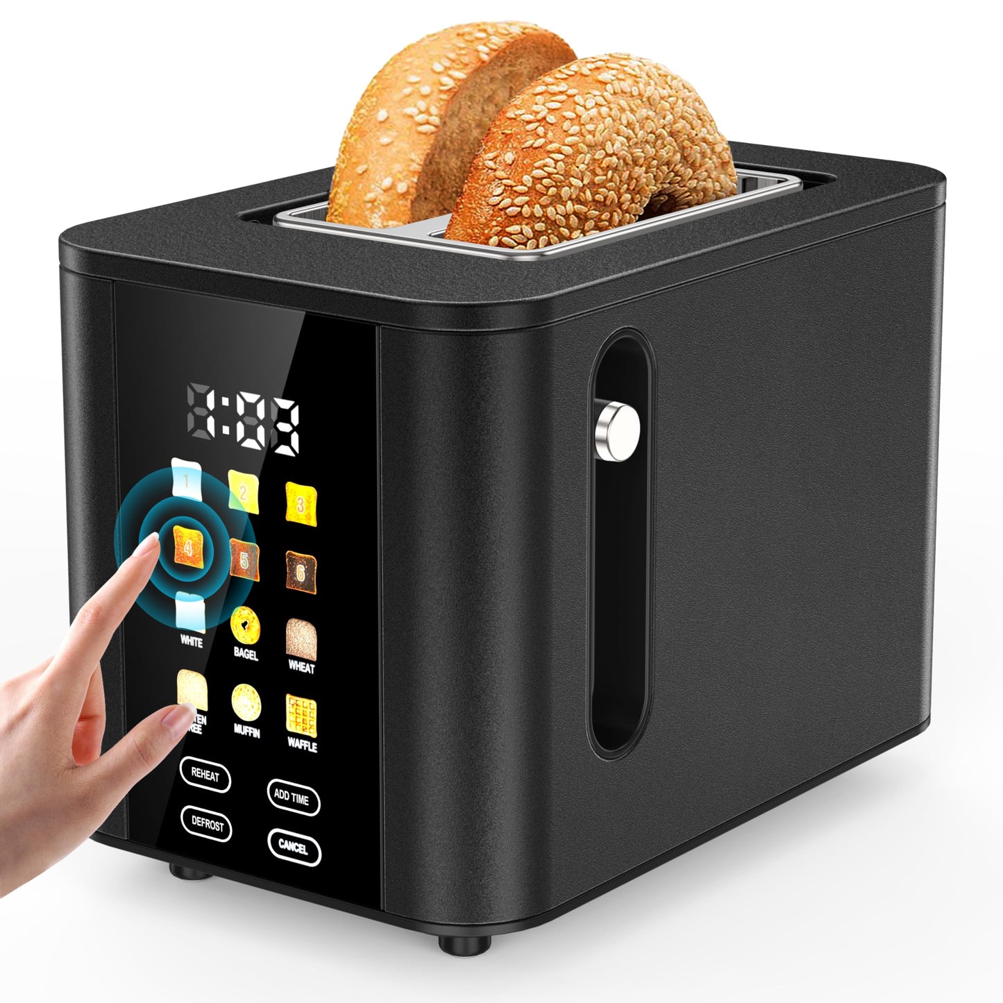 Touch Screen Toaster 2 Slice Black Toaster with Digital Countdown Wide Slot LCD Display 2 Slice Toasters Smart Toasters 6 Shade Settings 6 Bread Type with Reheat/Add Time/Defrost/Cancel Function