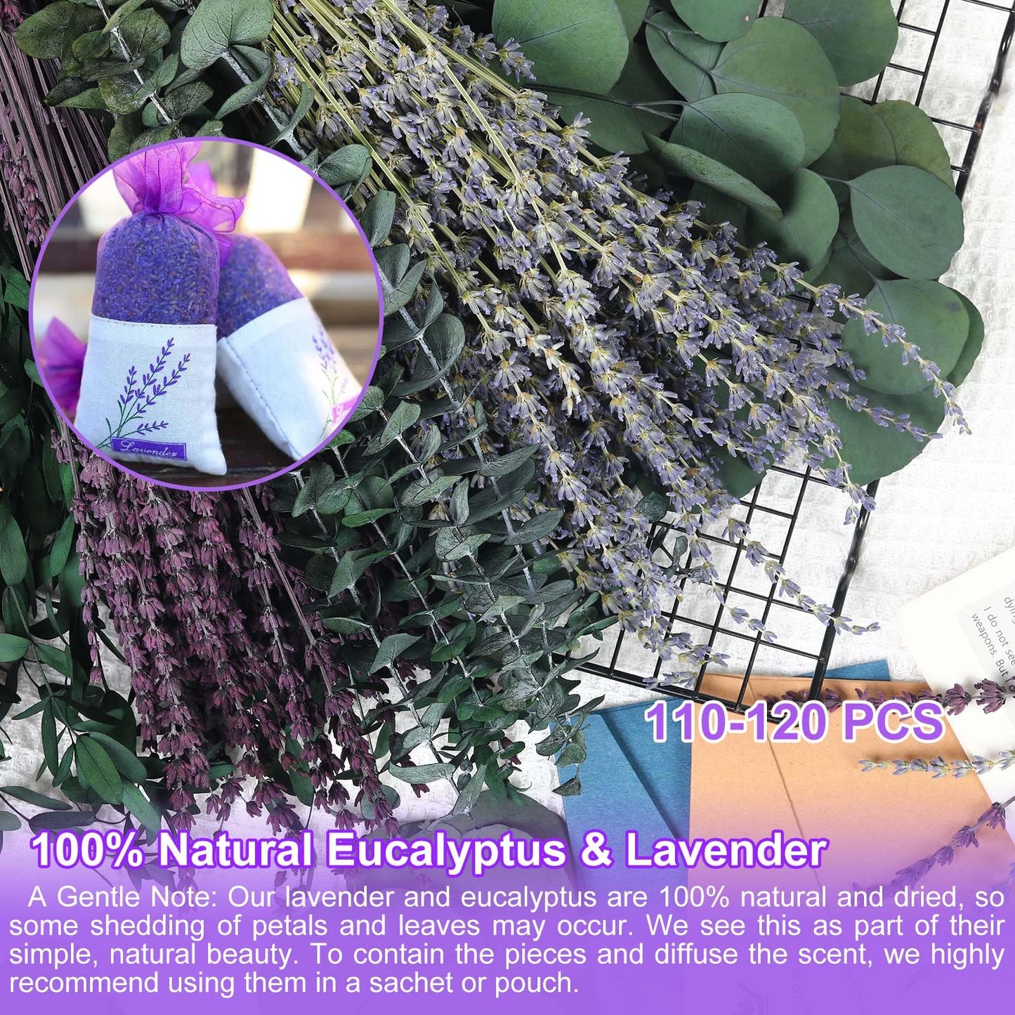 120+ Pcs Mixed Dried Eucalyptus & Lavender Flowers for Shower, Preserved Natural Eucalyptus Leaves for Wall Hanging, Plant Fragrance, Dried Florals for Vase Fillers, Wedding, Green Bathroom Decor