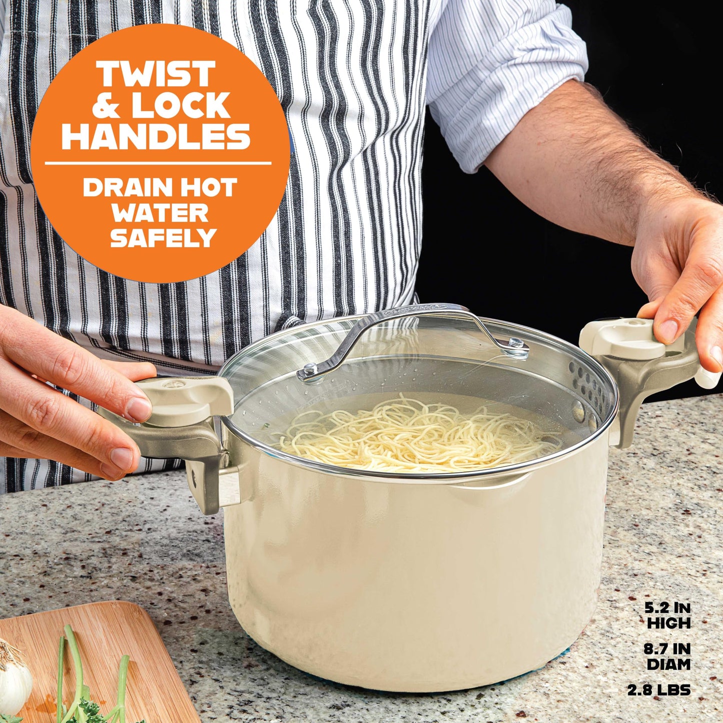 GOTHAM STEEL 5 Qt Ceramic Stock Pot Multipurpose Pasta Pot with Strainer Lid & Twist and Lock Handles, Nonstick Ceramic Pot for Soup, Spaghetti, Rice, Pots for Kitchen, Dishwasher Safe - Cream
