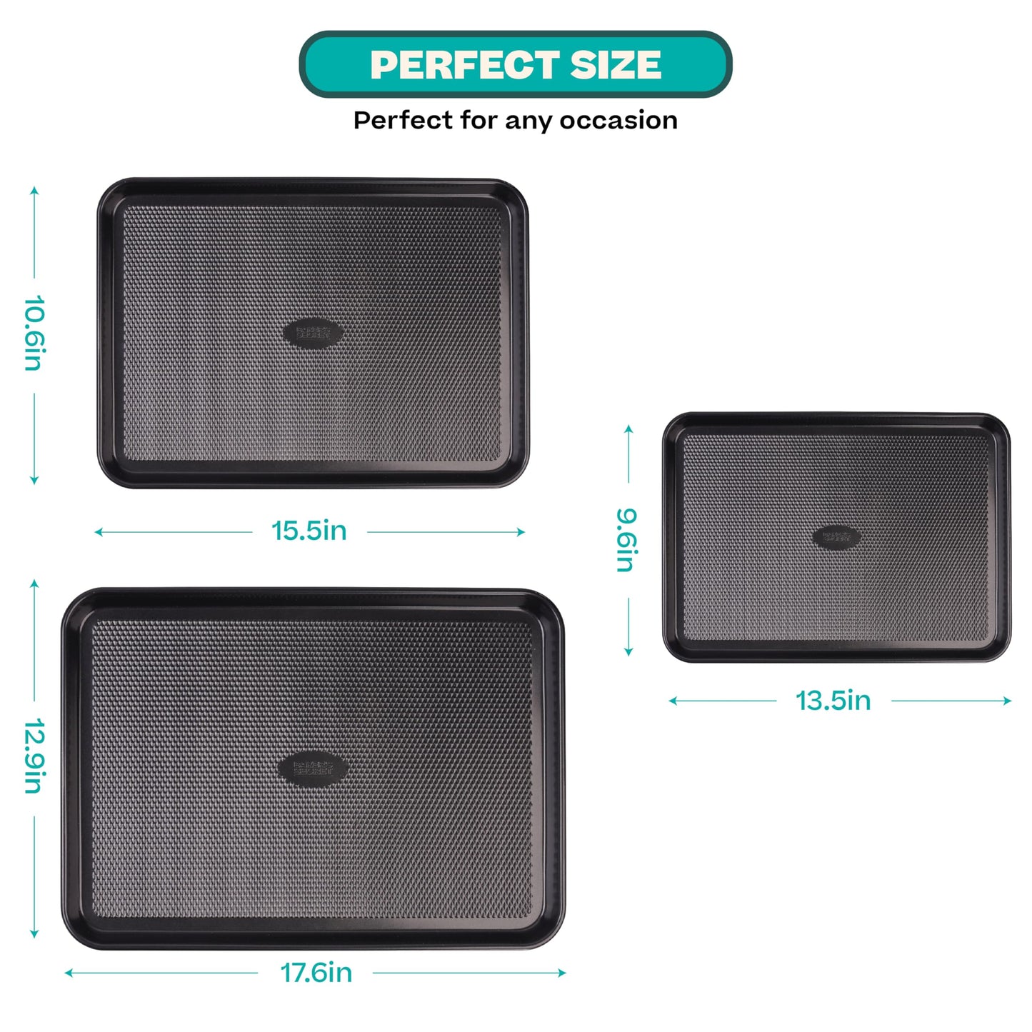 Baker's Secret Baking Sheet Pan Set, 3x Cookie Sheets for Oven, Diamond Texture Premium Air Flow Circulation, Set of 3 Baking Trays, Extra Thick 0.6mm with Diamond Base PFOA, PFOS, PTFE and PFAS free