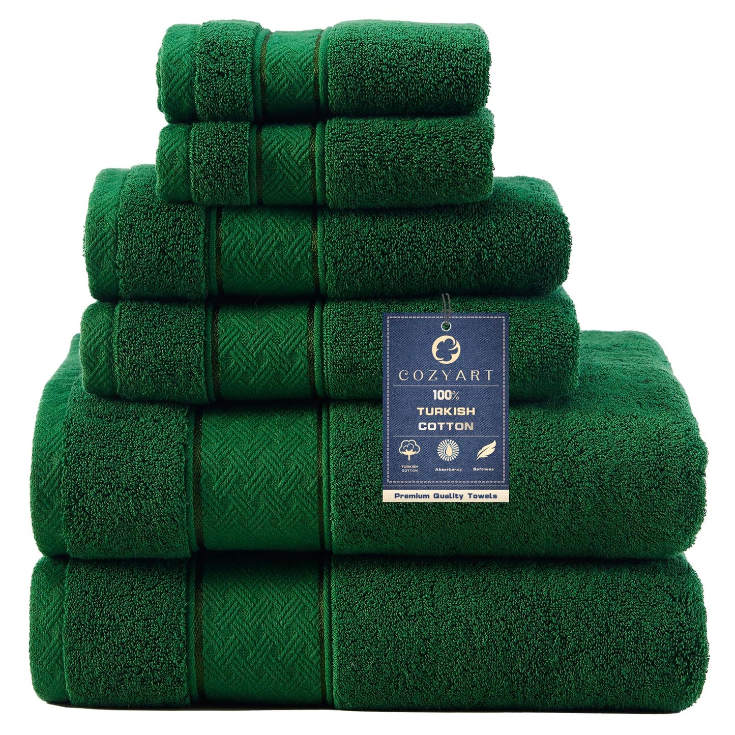 COZYART Formal Green Bath Towel Set 6 Piece, Luxury 100% Turkish Cotton 650GSM Hotel Quality, Soft, Absorbent,Towel Sets for Bathroom | 2 Bath Towels 2 Hand Towels 2 Washcloths