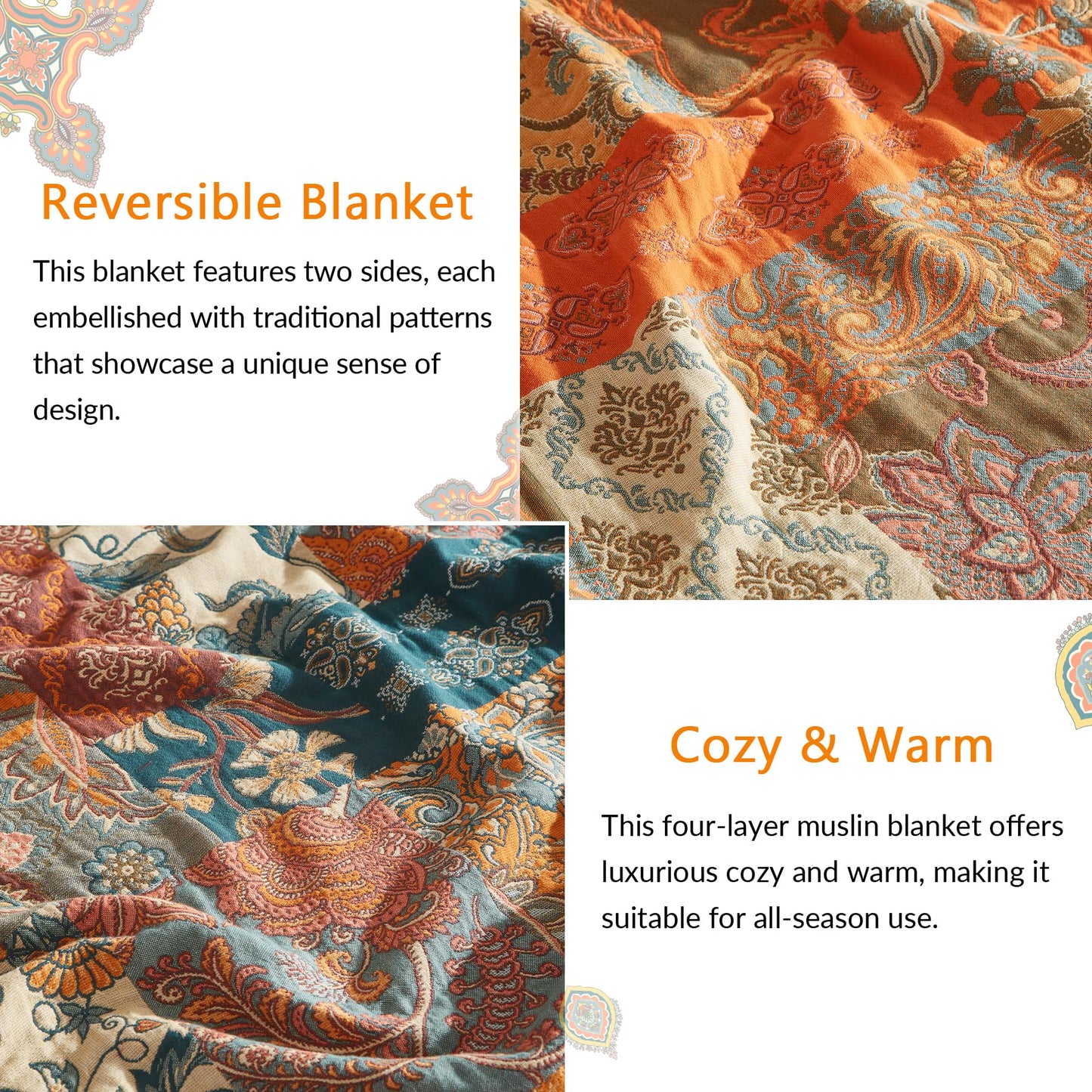 Bailix Boho Throw Blanket for Couch Sofa Bed, 100% Cotton Woven Quilt with Tassel 60”x80”, Super Soft Muslin Blanket with Floral Printed, Decorative Reversible Bed Blanket/Cover for All Seasons