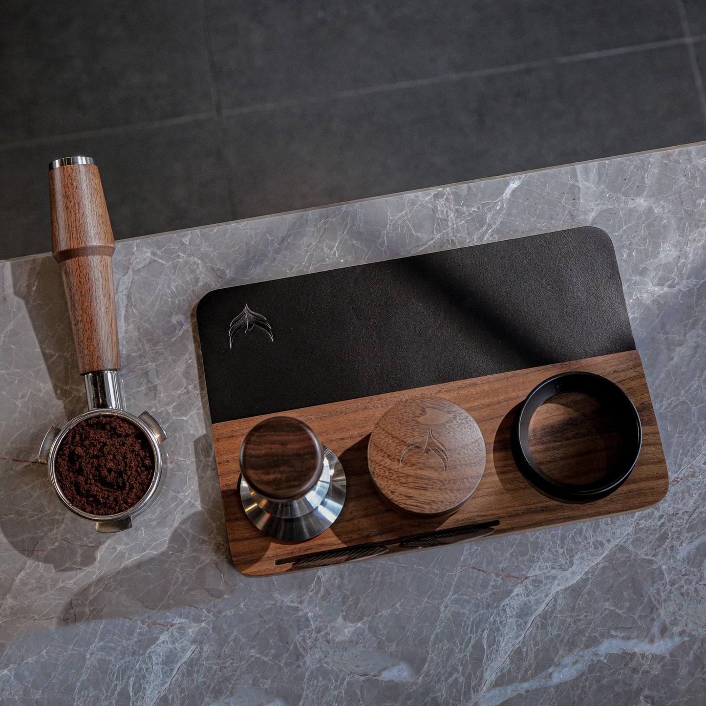 KNODOS 54mm Tamping Mat For Breville Espresso Machine Accessories Walnut & Leather Tamp Station Organizer with Multi-Slot Design for Espresso Tools Tamper, Distributor, Funnel & Puck Screens