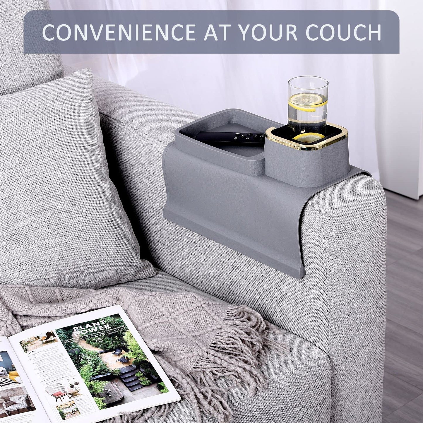 HMASYO Couch Cup Holder Tray – Weighted Silicone Sofa Armrest Organizer Table with Anti-Spill Coaster, Easy Reach for Drink, Snacks, Remote & Phone, Non-Slip Base, Easy Clean