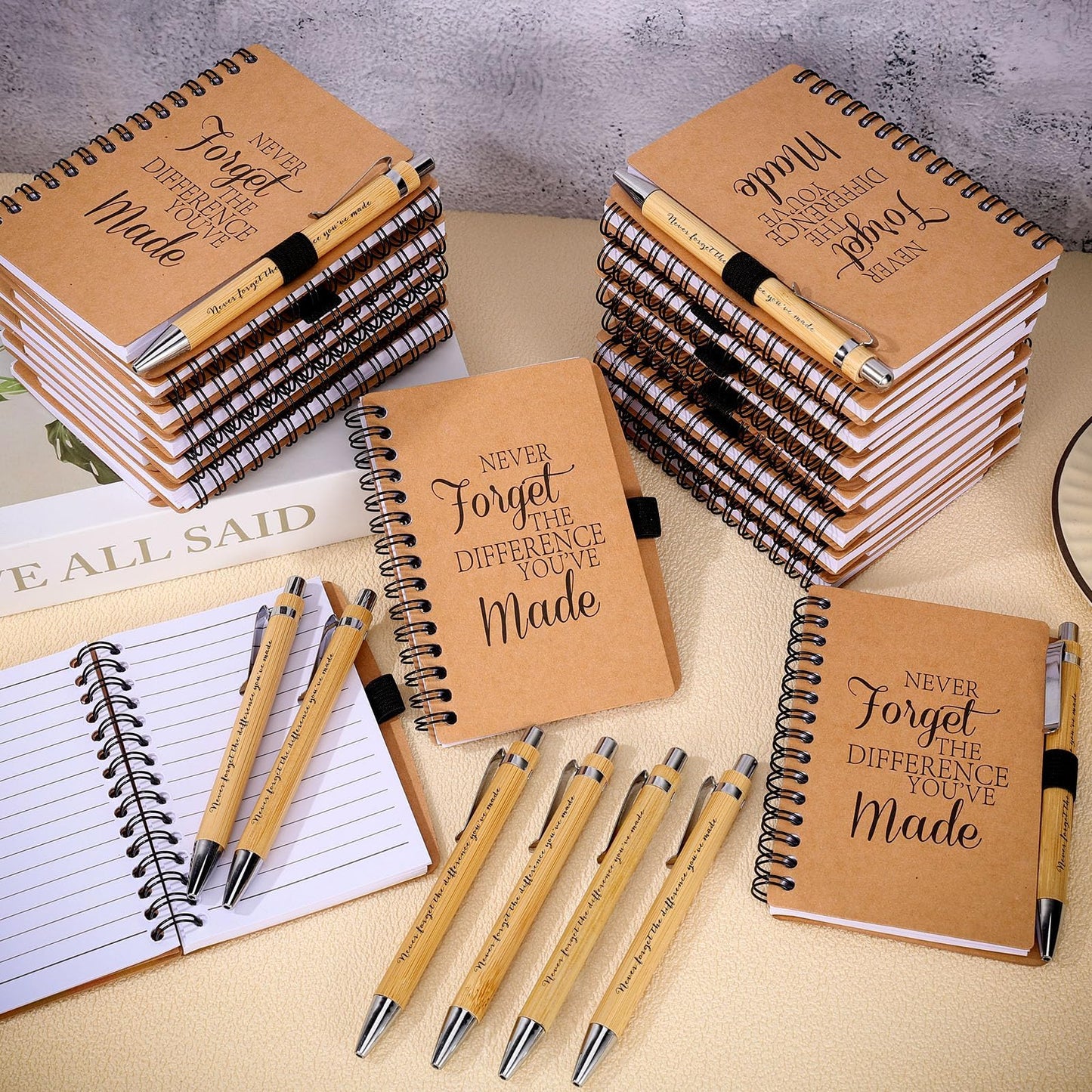 80 Pcs Employee Appreciation Gifts Inspirational Spiral Notebooks Bulk Motivational Journals Thank You Bamboo Ballpoint Pens for Nurse Teacher Coworker (NEVER FORGET)