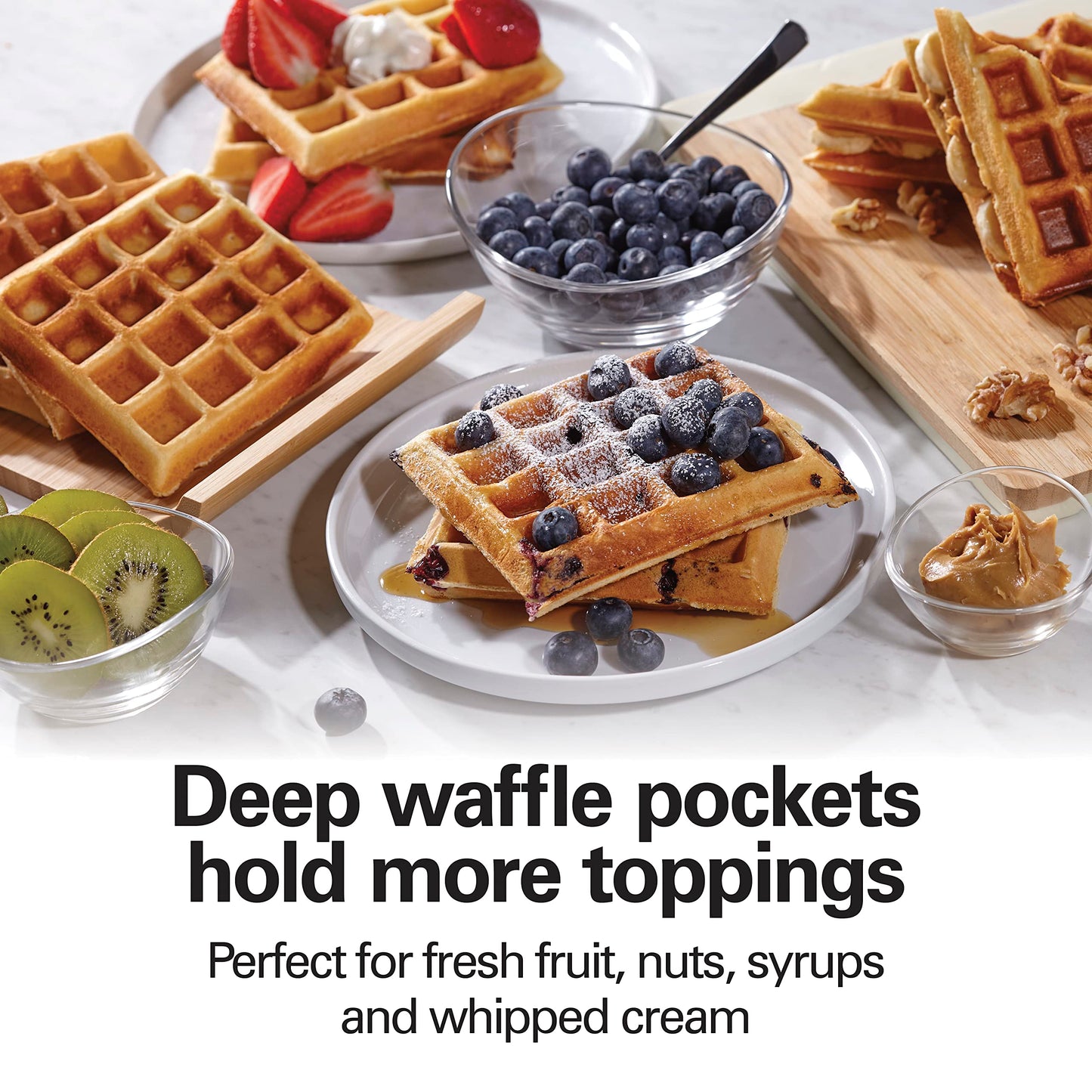 Hamilton Beach Non-Stick Belgian Waffle Maker with Indicator Lights, Makes 4 4" x 5" Mini Waffles, Hashbrowns or Keto Chaffles at Once, Compact Design for Easy Storage, Black & Stainless Steel (26020)
