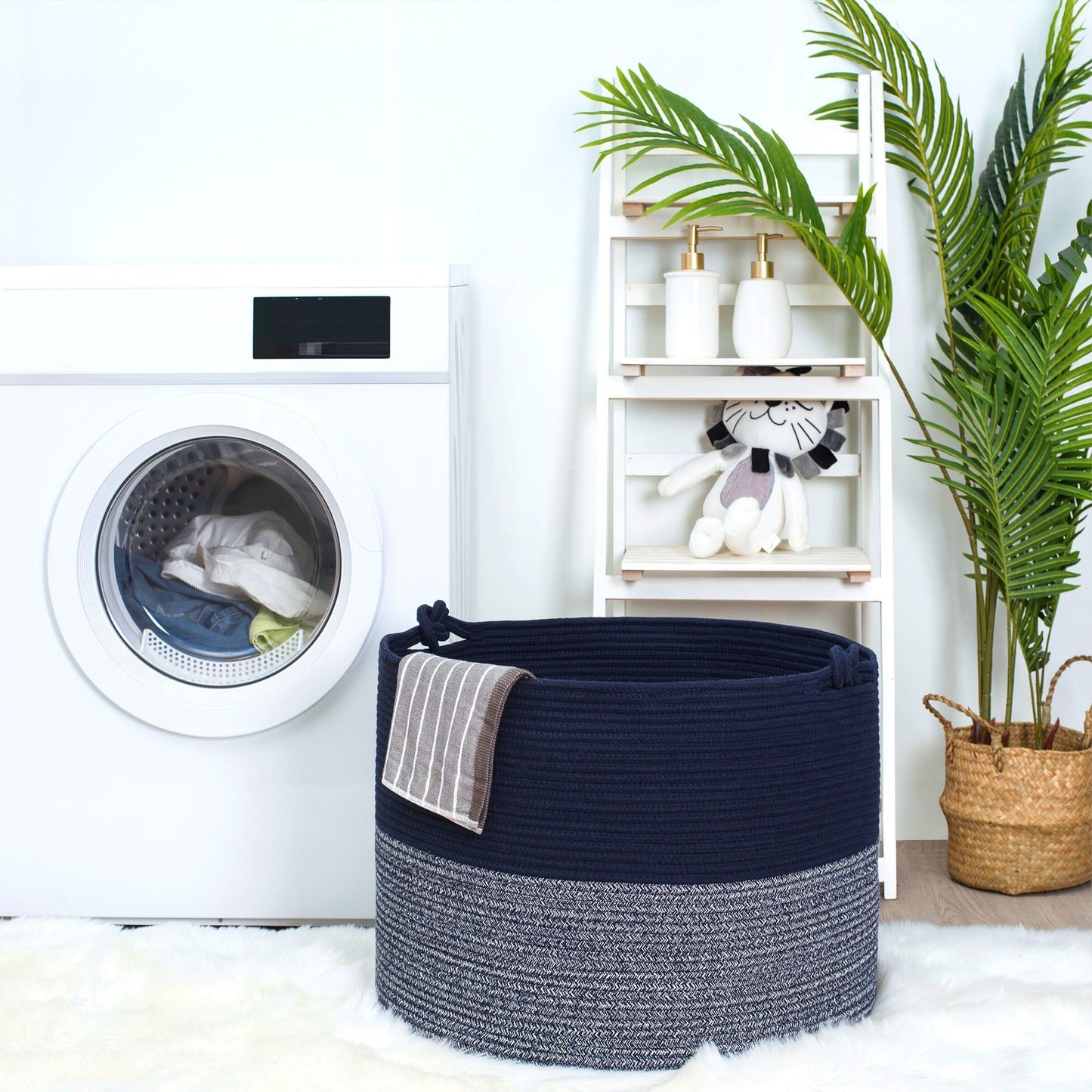 MINTWOOD Design Extra Large 22 x 16in Decorative Woven Cotton Rope Blanket Storage Basket Bin Living Room with Handles and Laundry Hamper for Pillows, Pool Towels, Dog Toys, Shoes, Navy Blue