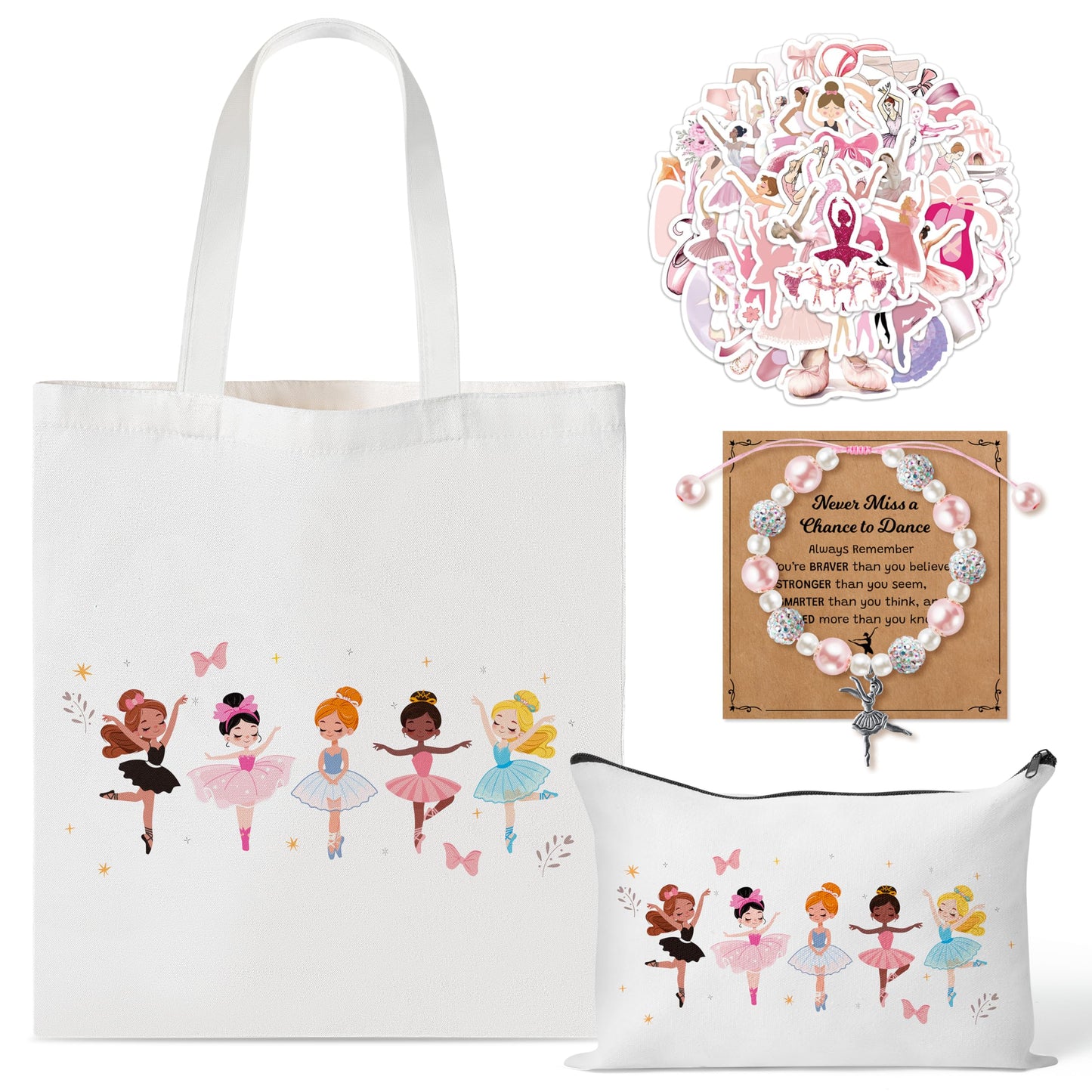 Y1tvei Cute Ballerina Girl Recital Gifts - 64Pcs Ballet Dancing Girl Canvas Tote Bag Makeup Pouch Dance Stickers Sparkly Pink Ballerina Bracelet with Card Ballet Grocery Shopping Bags Stuff for Dancer