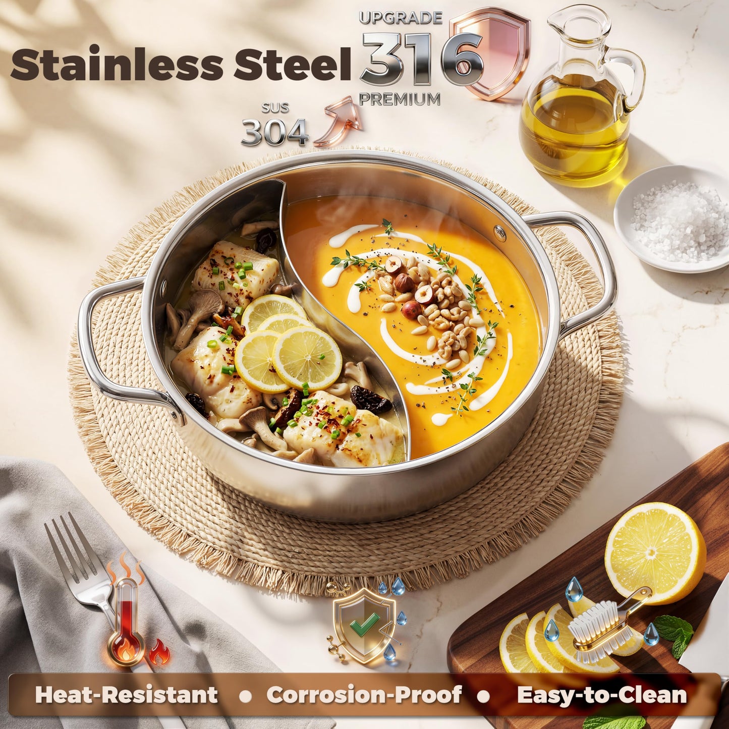 TOPWIT 3-Ply Construction 316 Stainless Steel Double-flavor Shabu Shabu Pot, 5.5QT Hot Pot with Divider, 11″ Dual Side Pot for Cooking, Hotpot for Induction Cooktop, Gas/Ceramic Cooktop, Hot Burner