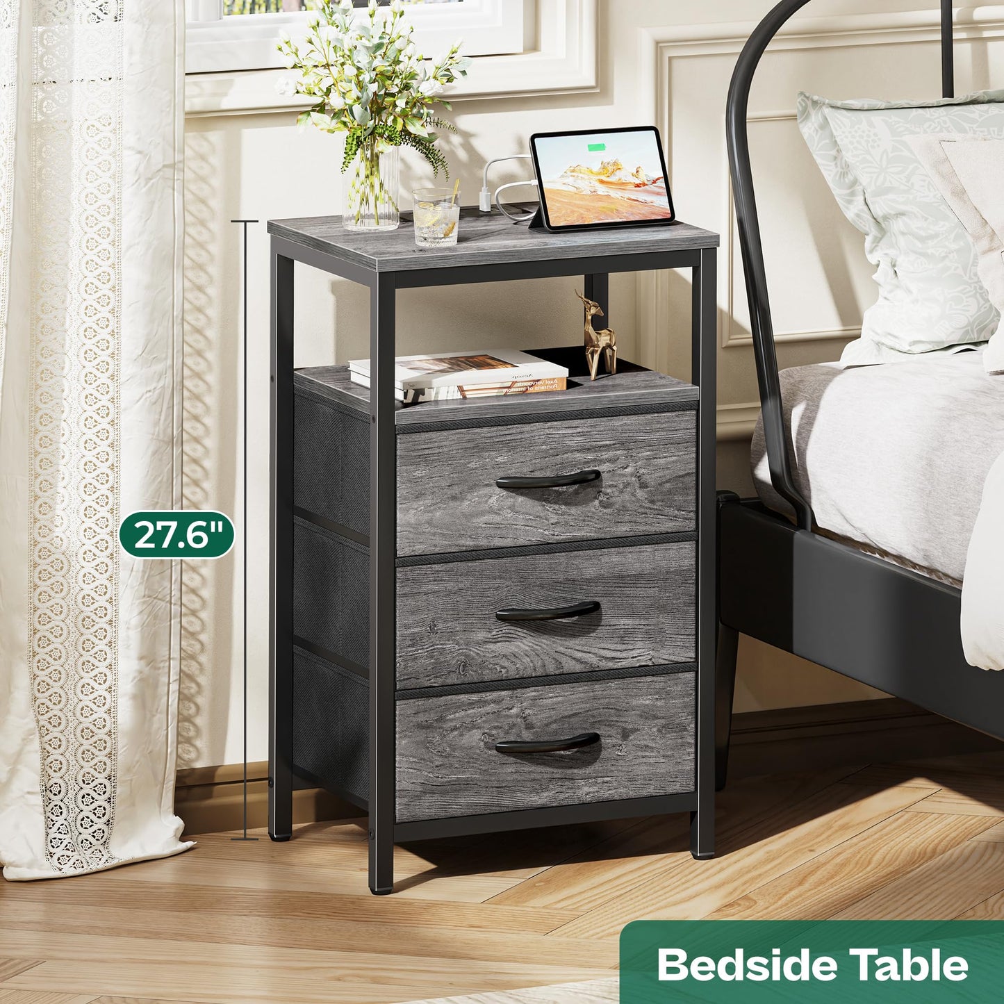 Huuger Nightstand with Charging Station, 27.6 Inch End Table Bedside Table with USB Ports and Outlets, Night Stand for Bedroom, Fabric Drawers, Grey