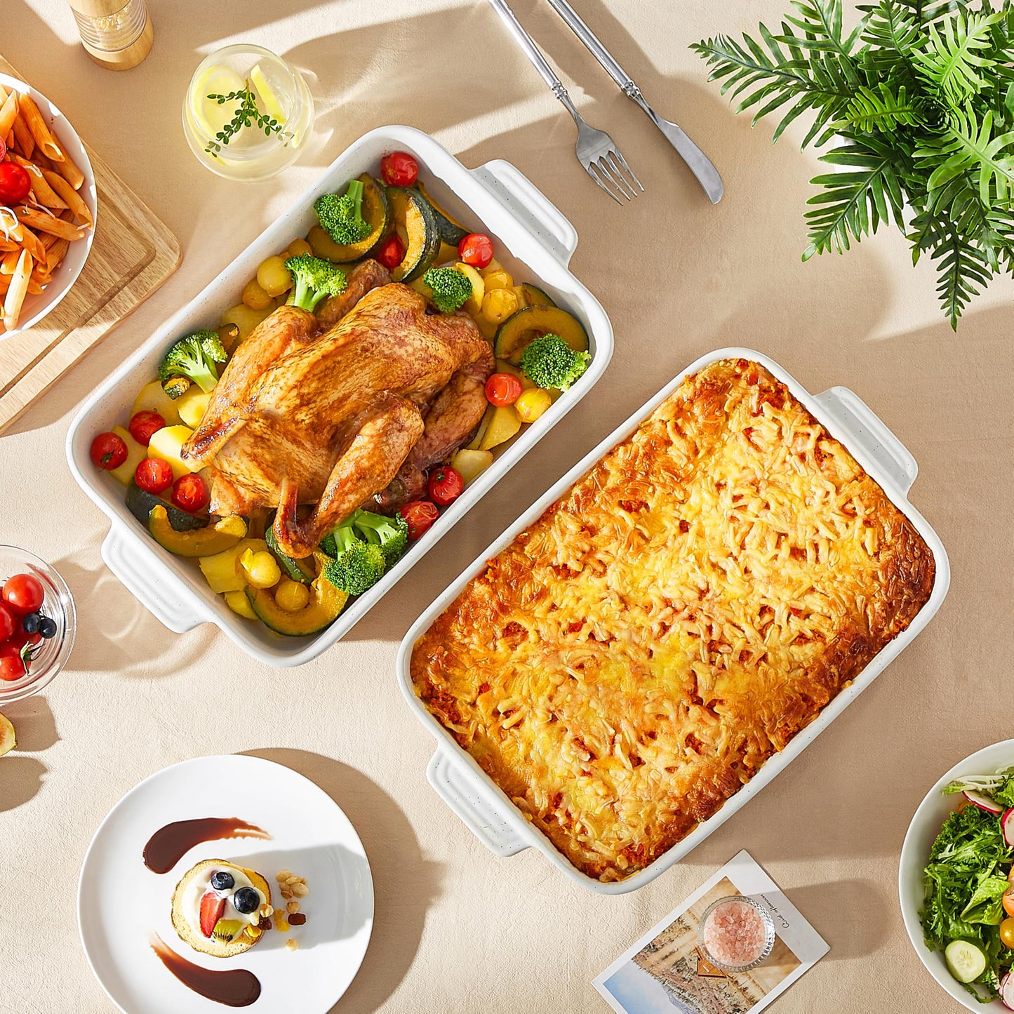 MALACASA Baking Dish 4.8 Qt Ceramic Casserole & Lasagna Pan, 9x13 Inch Deep Rectangular Oven Safe Dish with Handles for Baking, Roasting, Serving (Khaki & White) - Series Tara