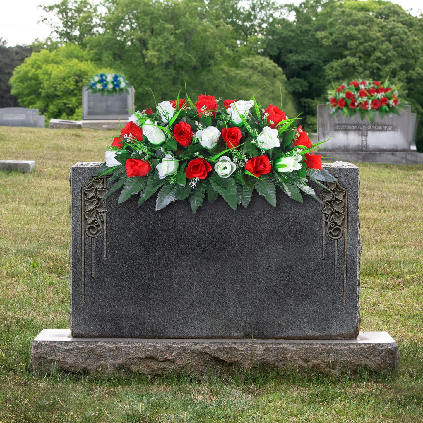 LVXINLI Artificial Cemetery Flower-Outdoor Grave Saddle Headstone Decorations,Red and White Rose Memorial Day Flowers for gravesite (Red and White)…