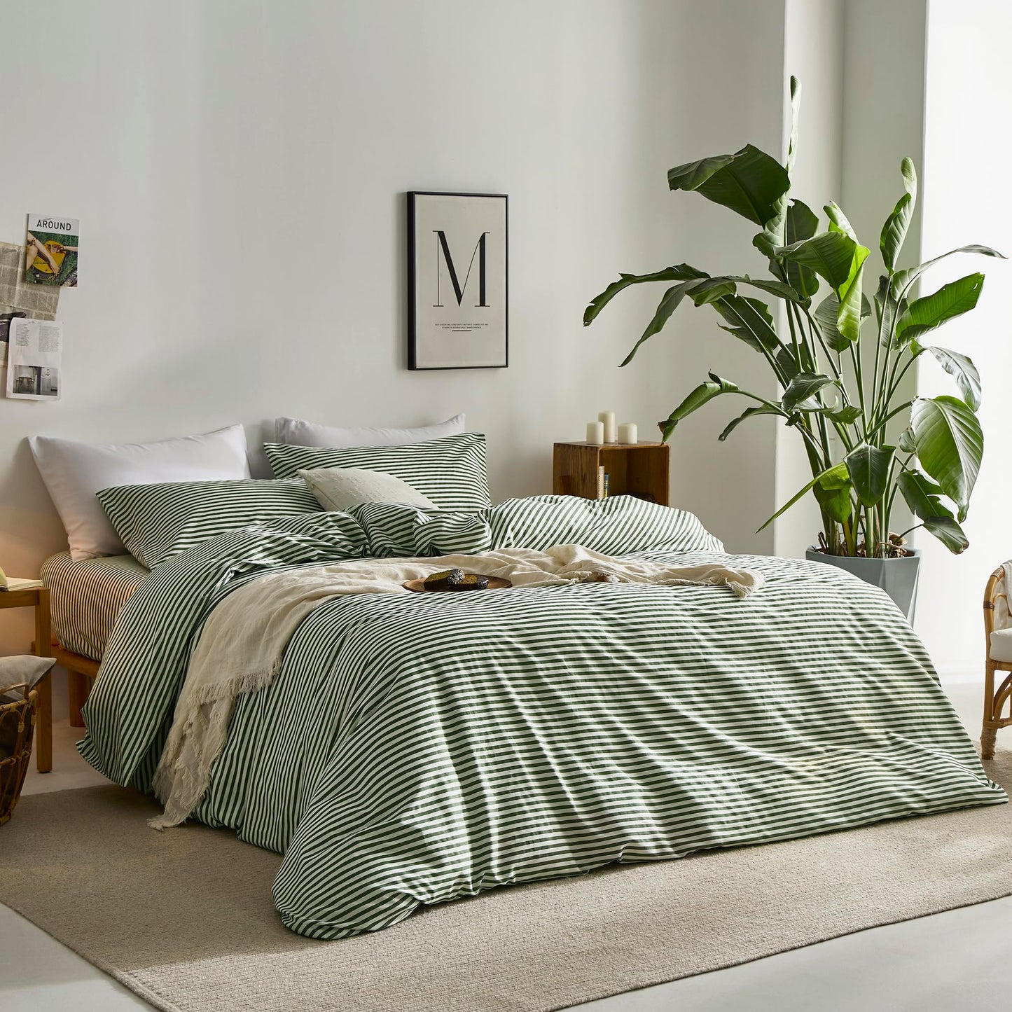 JELLYMONI 100% Natural Cotton 3pcs Striped Duvet Cover Sets,White with Green Stripes Pattern Printed Comforter Cover,with Zipper Closure & Corner Ties(Queen Size)