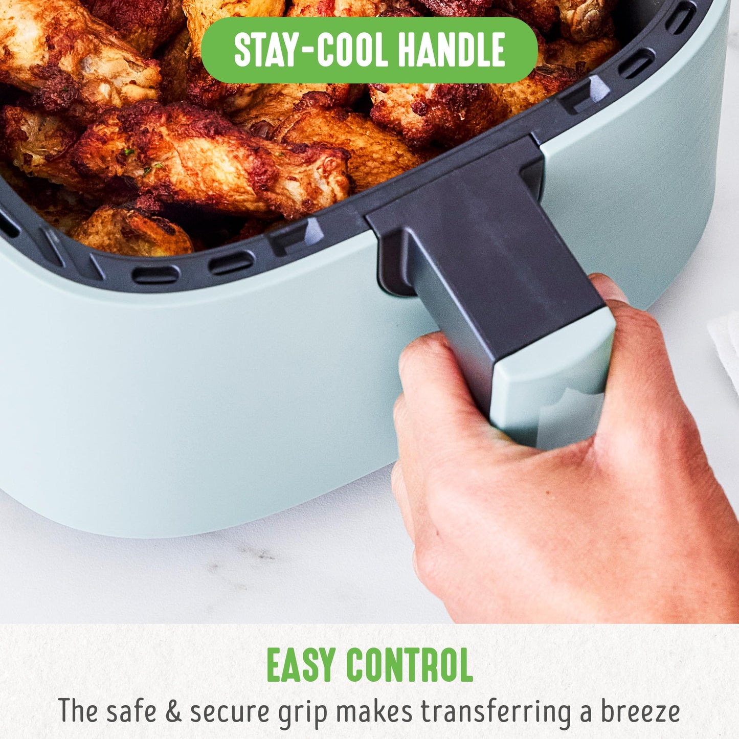 GreenLife 4.5QT Air Fryer, Mechanical Dial Controls, PFAS-Free Ceramic Nonstick Drawer, Adjustable Temp & Timer, LED Indicator, Oil-Less Cooking, Dishwasher Safe, Compact Family Size, Blue