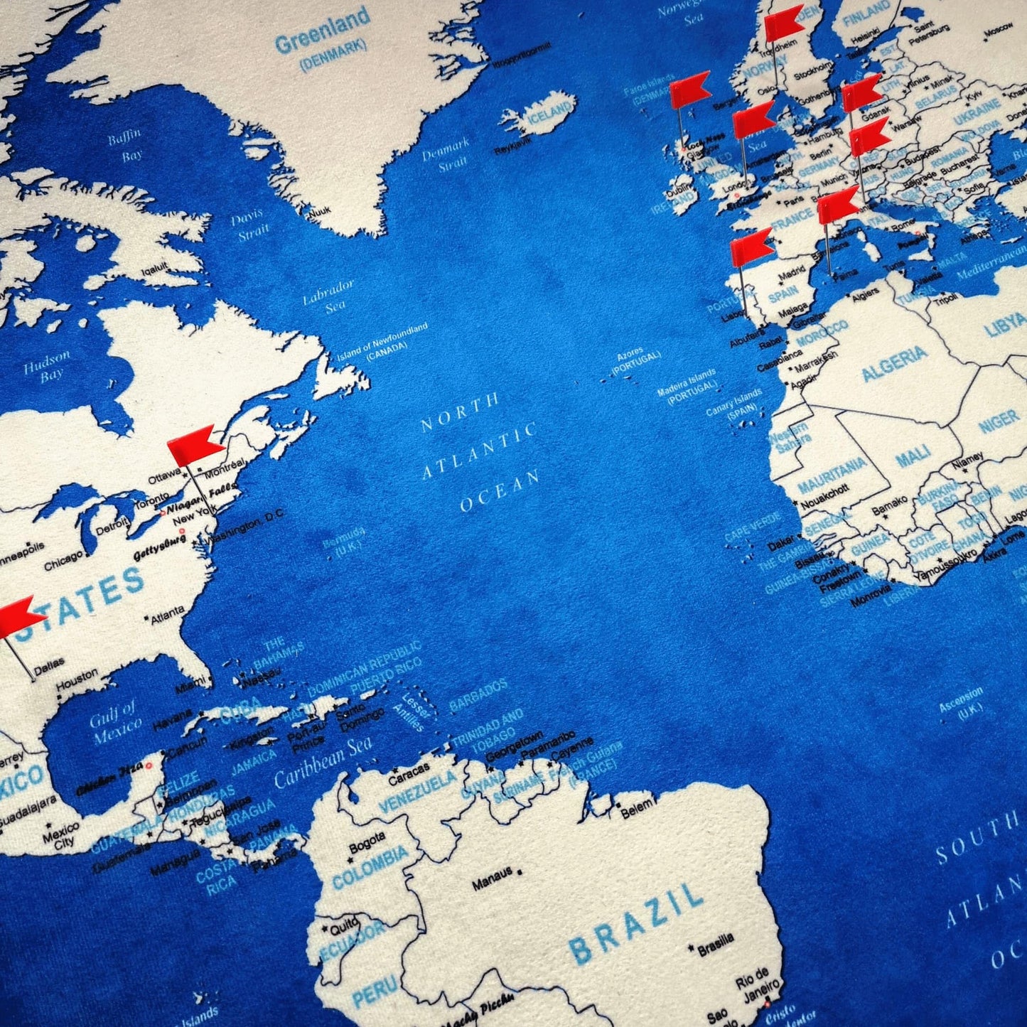 World Map XXL 51 x 28 inches in 'Error Blue', Fleece Wall Hanging as Travel Pin Board in Modern Wall Art Design, 20 Flag Push Pins Included