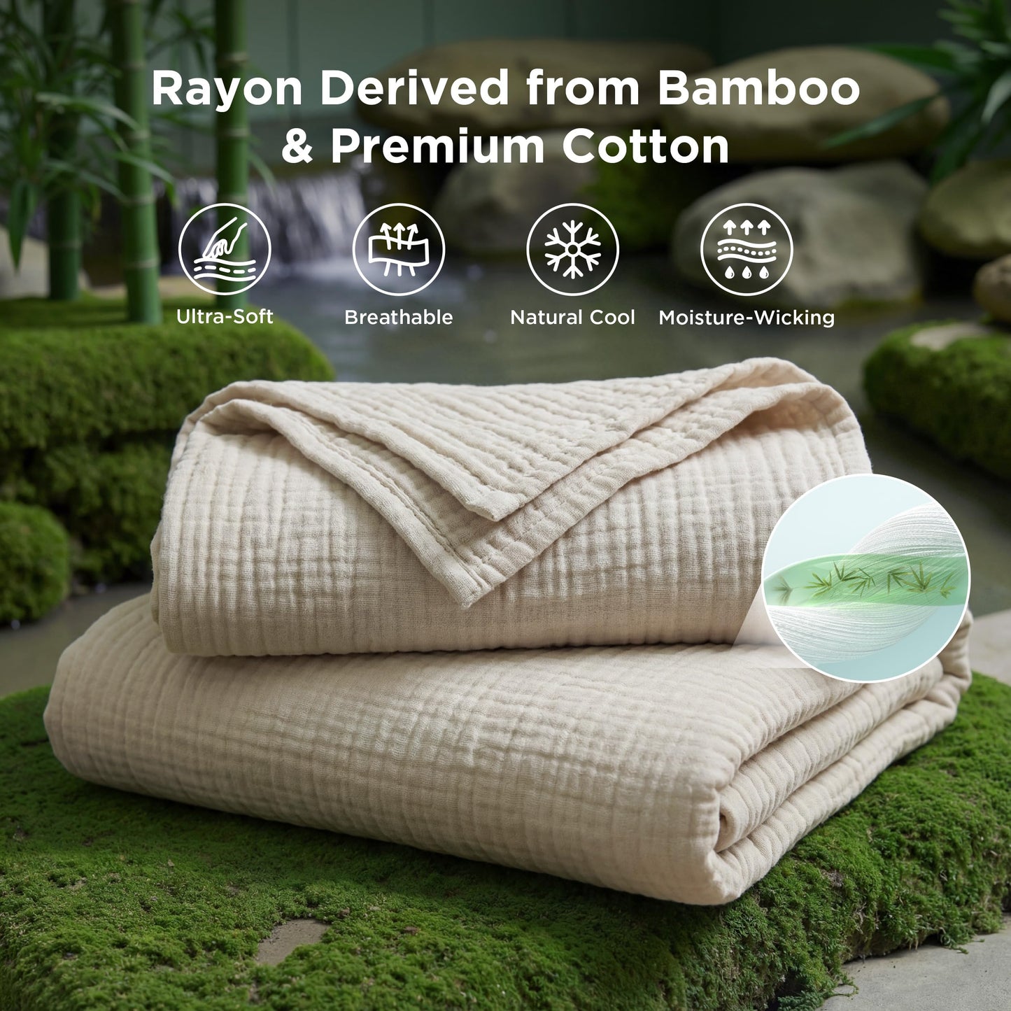 Bedsure Cooling Muslin Blanket King Size for Bed, Summer Gauze Blanket for Adults, 55% Rayon Derived from Bamboo & 45% Cotton, Breathable Lightweight Soft for Hot Sleepers, Linen Beige, 104x90 Inches