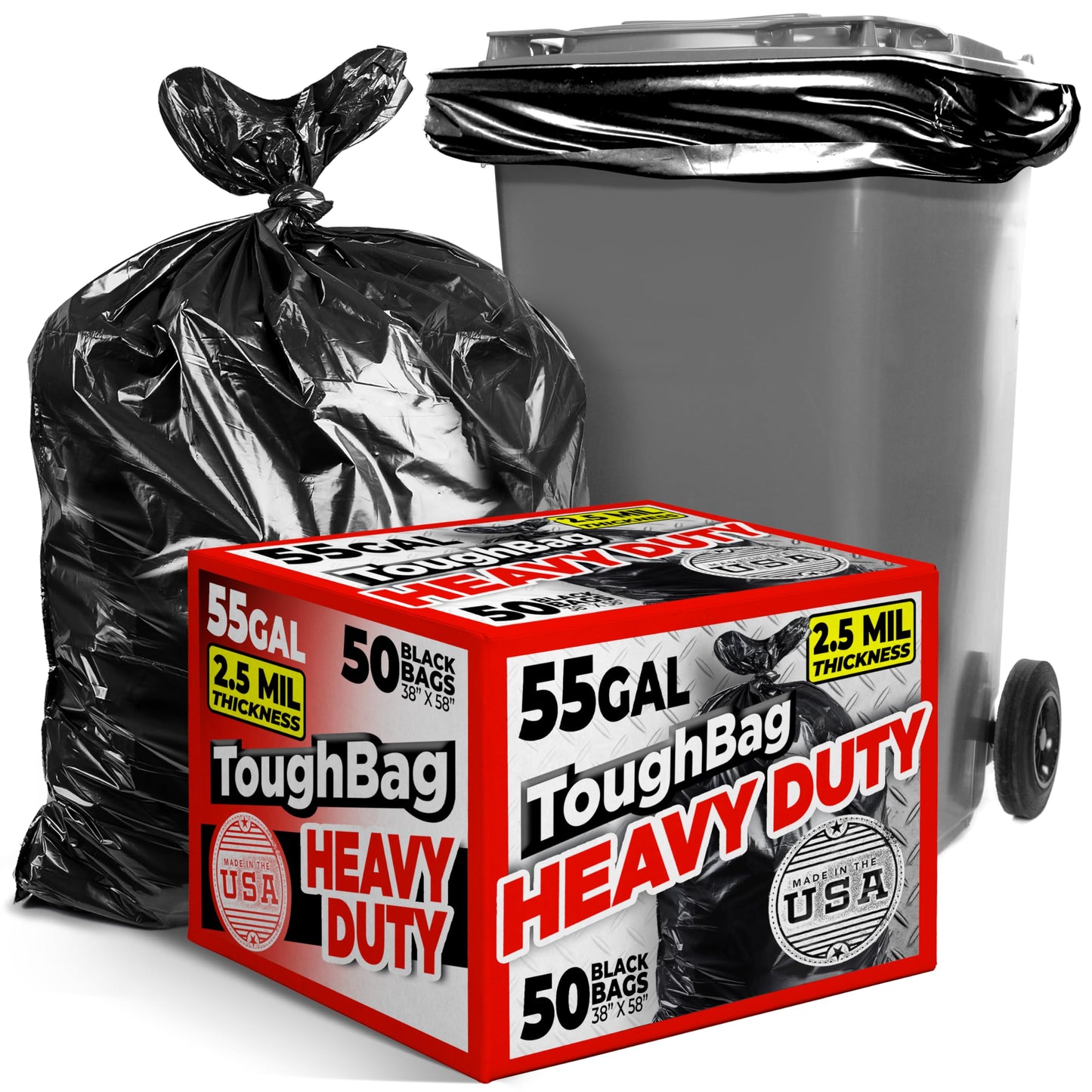 ToughBag 55 Gallon Trash Bags, 2.5 Mil Contractor Bags - 50 Count, Large 55-60 Gallon Trash Can Liners, Black Contractor Garbage Bags, 38 x 58" - Made in USA