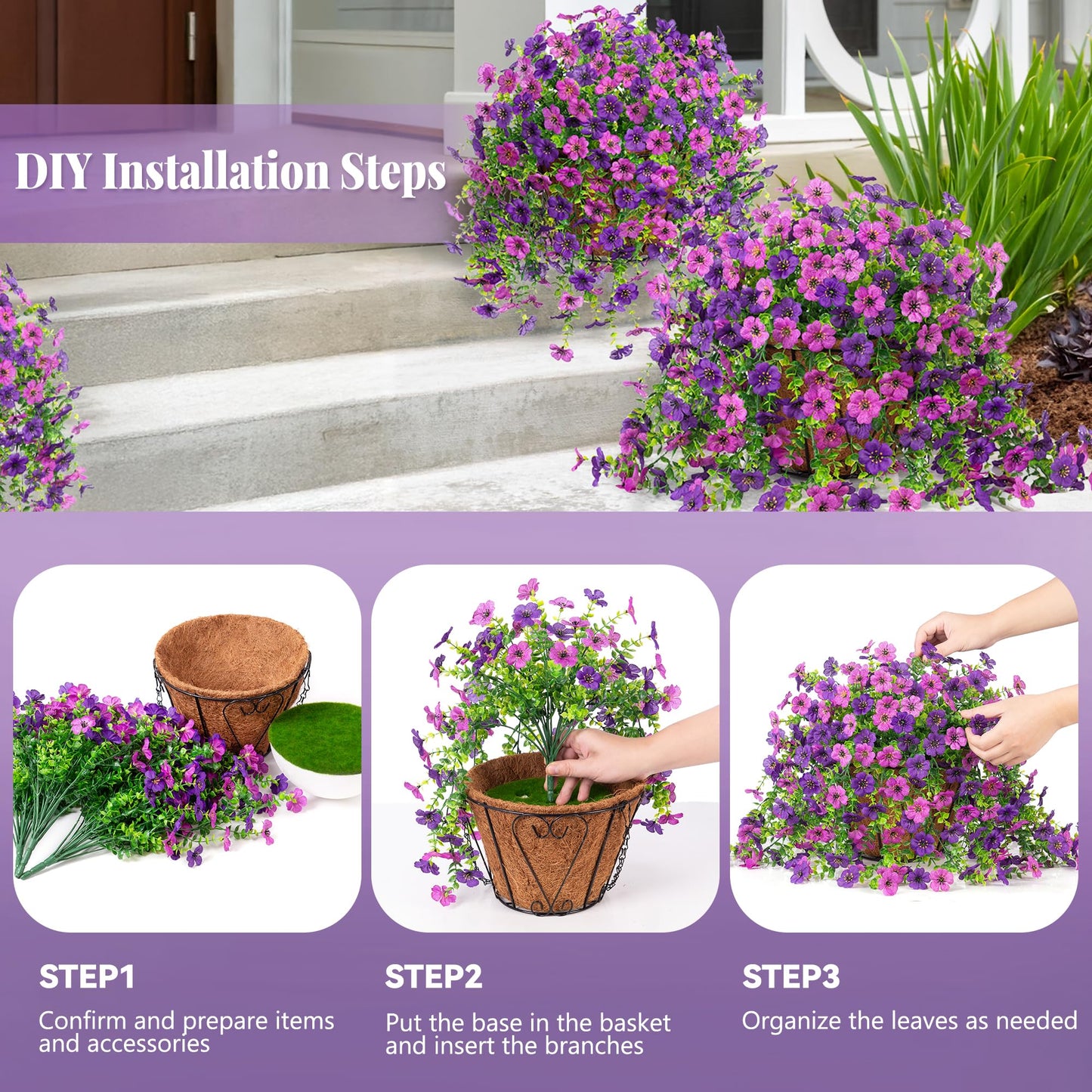 Ammyoo Artificial Fake Hanging Flowers Plants with Basket for Outdoor Spring Decoration, Faux Silk Daisy Flower Real Touch UV Resistant for Outside Porch Patio Garden Yard Home Decor(Purple Lotus)