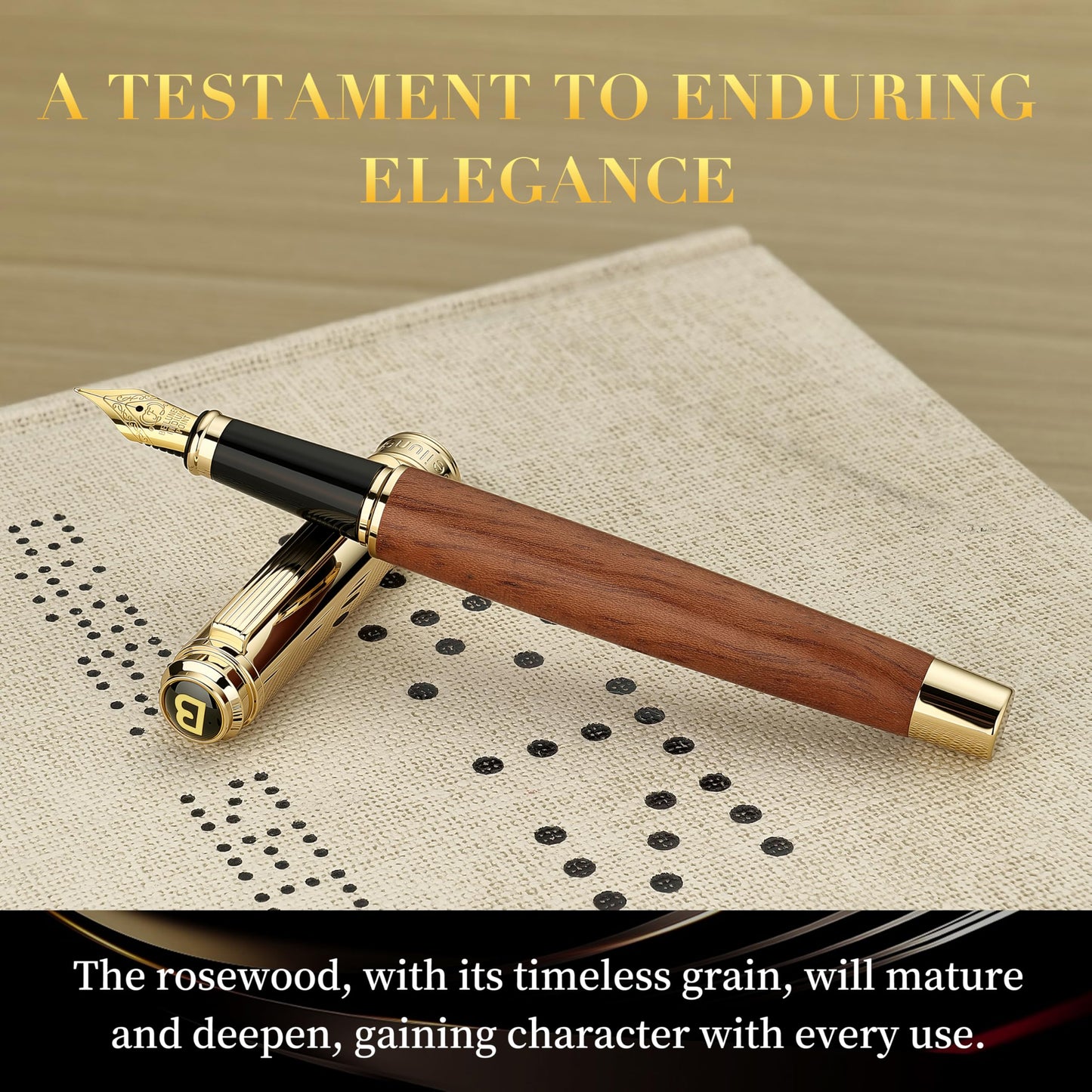BEILUNER 316 Fountain Pen,Stunning Luxury Rosewood,24K Gilded Nib(Fine),Gorgeous 24K Gold Finish, Ink Converter,Nice Gift for Men&Women-Elegant,Executive,Christmas Pens for Writing