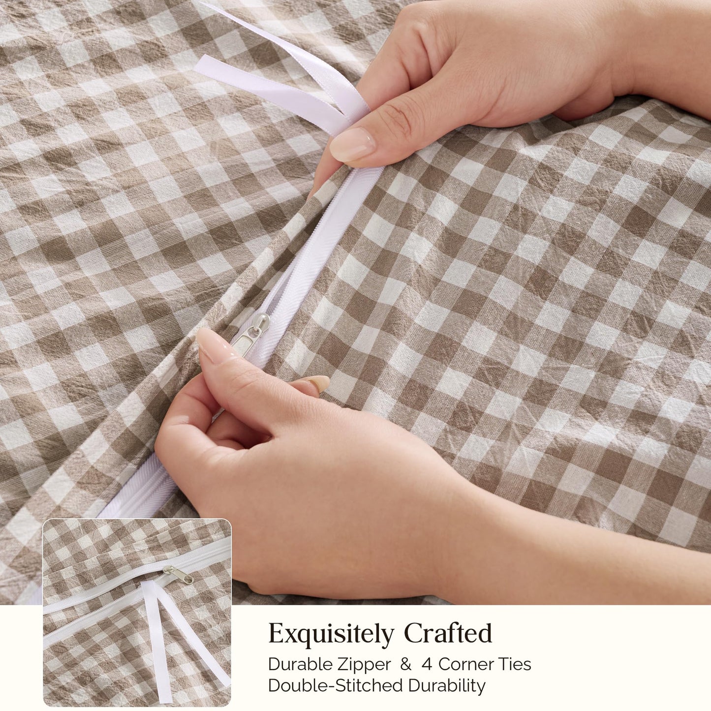 Andency Tan Gingham Duvet Cover King, 100% Wash Cotton Linen Like Textured Breathable Comforter Cover Set, 3 Piece Brown Classic Yarn-Dyed Checkered Plaid Bedding Set, 104"*90"