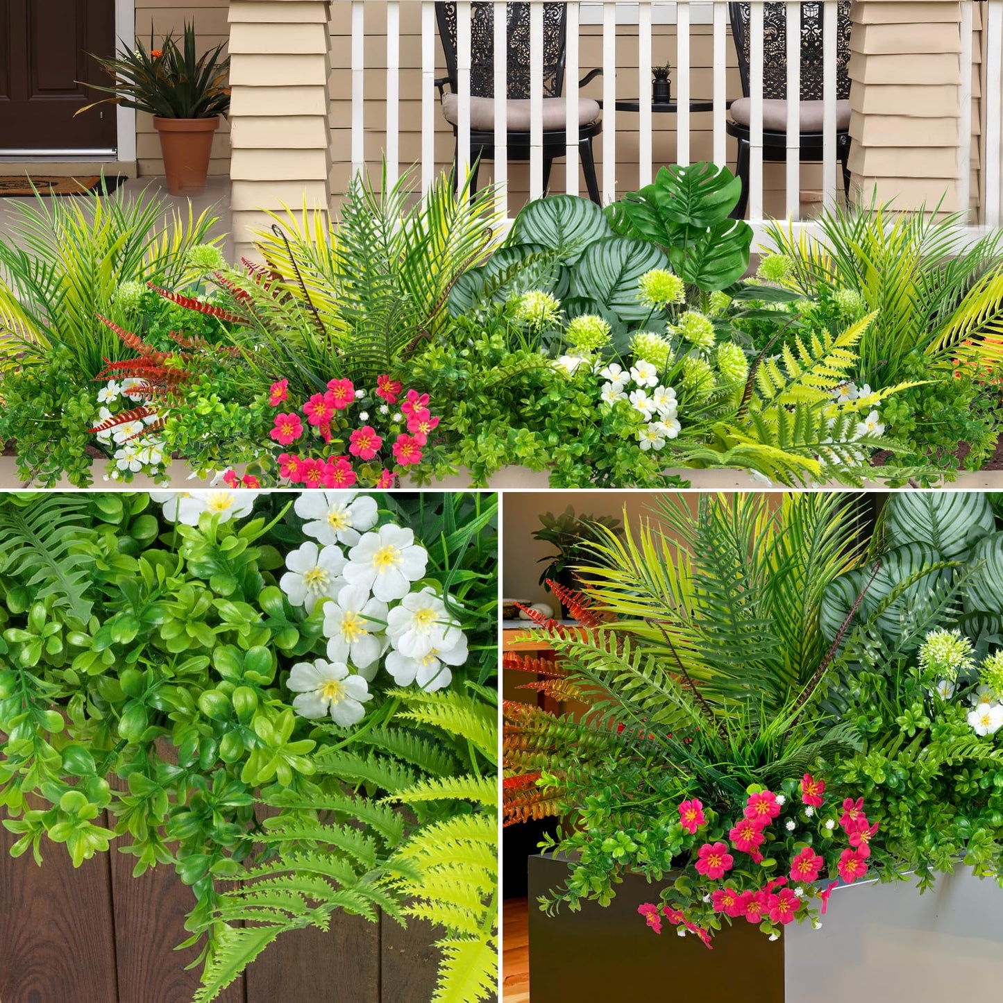 Besteek 20 Pcs Artificial Plants Outdoor Fake UV Resistant Artificial Flowers Greenery Stems Boston Fern Faux Shrubs Plastic Plants for Garden Porch Planter Window Box Home Decor