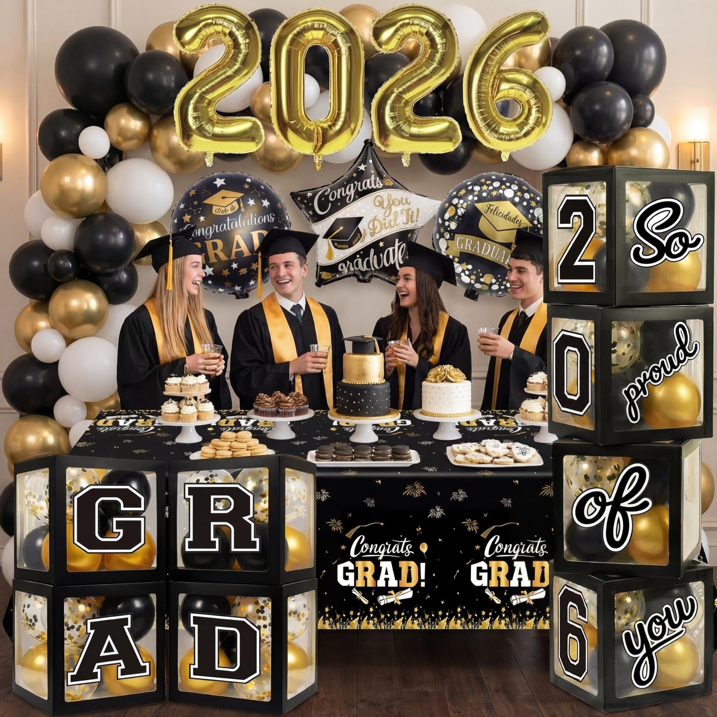 Black and Gold Graduation Decorations Class of 2026 - Graduation Balloon Boxes, Balloon Arch Garland Kit, Fringe Curtains, Party Decorations 2026 for Any Grades